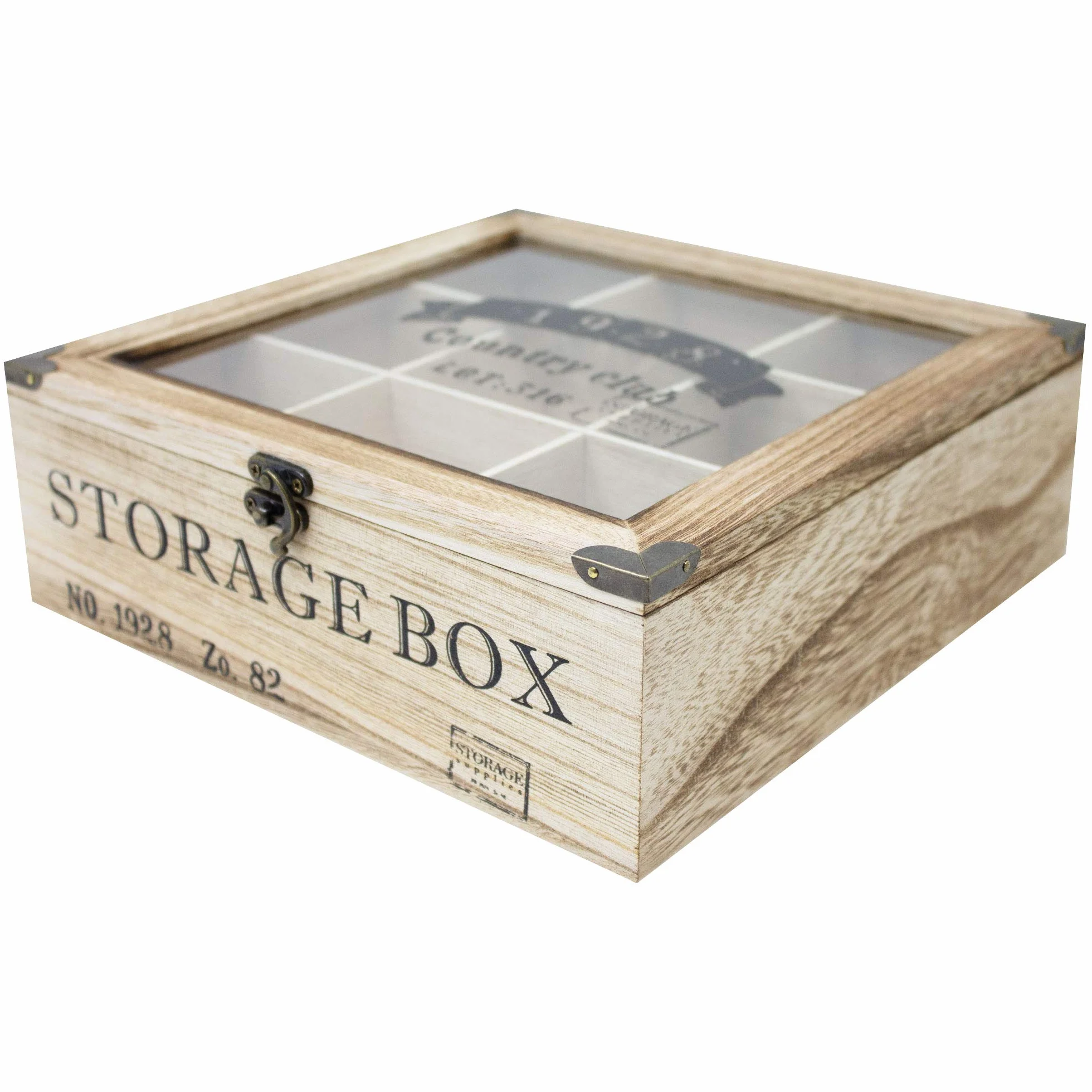 ToCi Scatola da tè in legno naturale con 9 scomparti – Scatola rettangolare con finestra in stile vintage – Contenitore per tè per bustine di tè, spezie e piccole parti | 24 x 24 x 8,5 cm