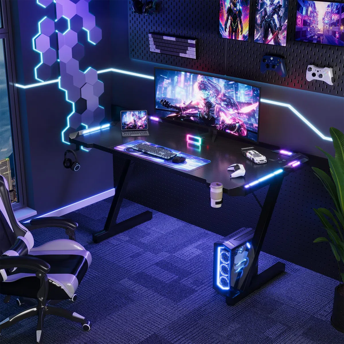 Devoko 120 x 60cm Scrivania Gaming LED, Tavolo Gaming Ergonomica, Scrivania per Computer con Porta Bicchiere e Ganci per Cuffie, Postazione con Piano del Tavolo in Fibra di Carbonio, Nero