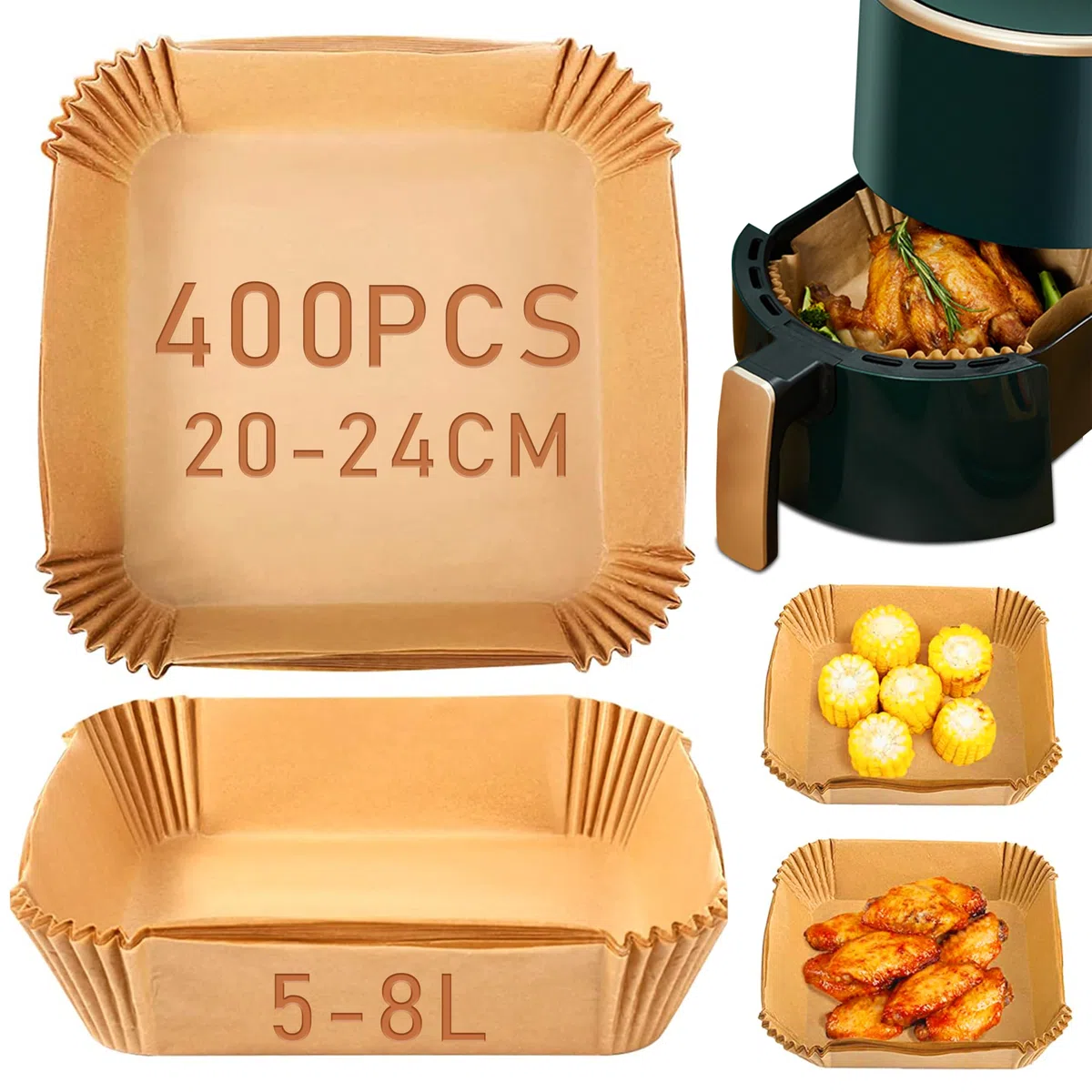 Carta forno per friggitrice ad aria 400 unità da 20-24 cm Quadrata. Adatto al friggitrice ad aria, da 5 a 8 litri. Carta Air Fryer certificata per uso alimentare BPA Free, FDA e LFGB
