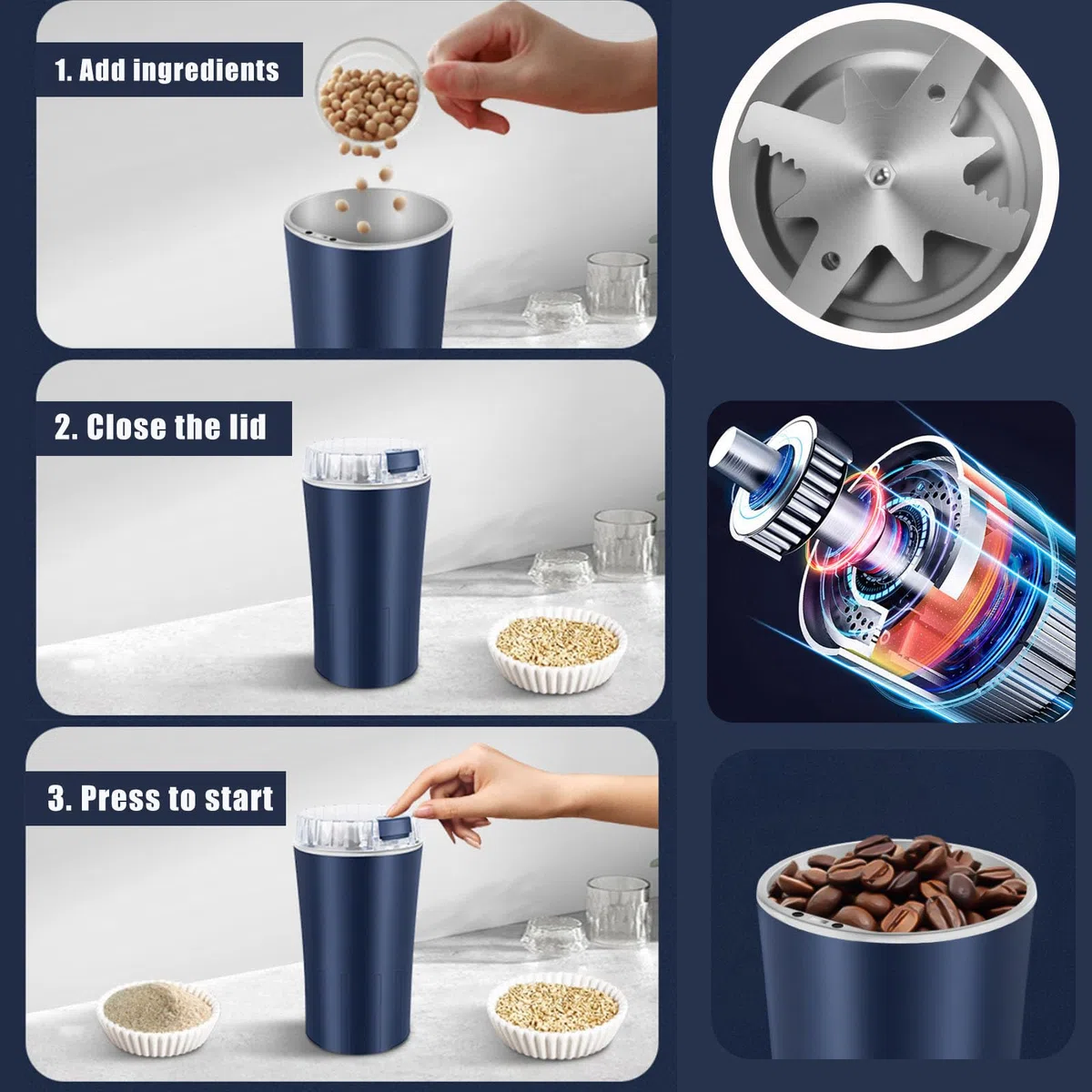 Macinino Superfine Per Uso Domestico - Macinino Elettrico Multifunzione Per Miscelare E Polverizzare Cereali, Con Funzione “One Touch”, Per Chicchi Di Caffè, Spezie Ed Erbe Aromatiche, Pepe (Nero)