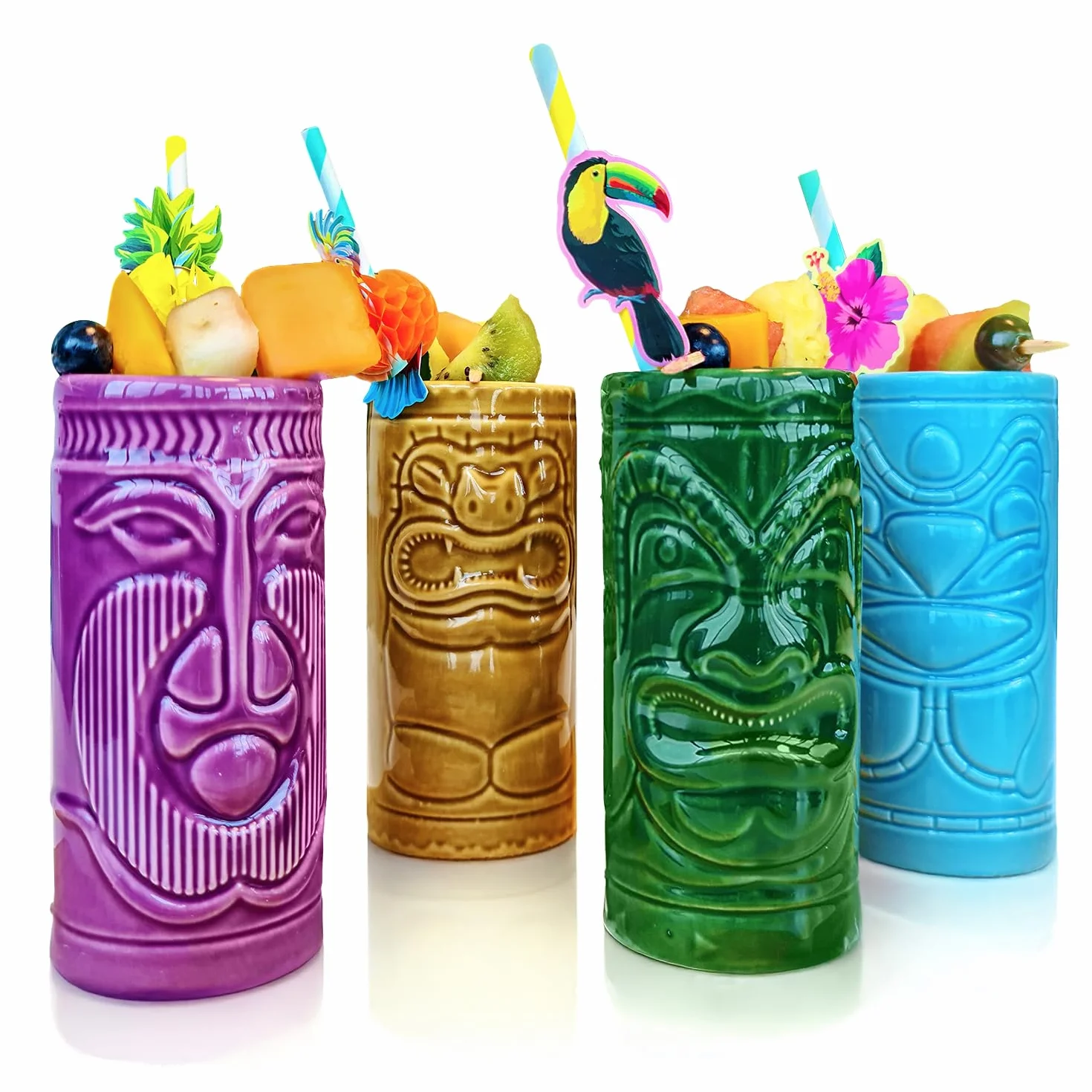 mikamax – Tiki Mugs – Bicchierini Set di 4 – Cocktail Mai Tai –– Tazze in Ceramica – 29 x 8 x 15 cm – Drinks – Glasses