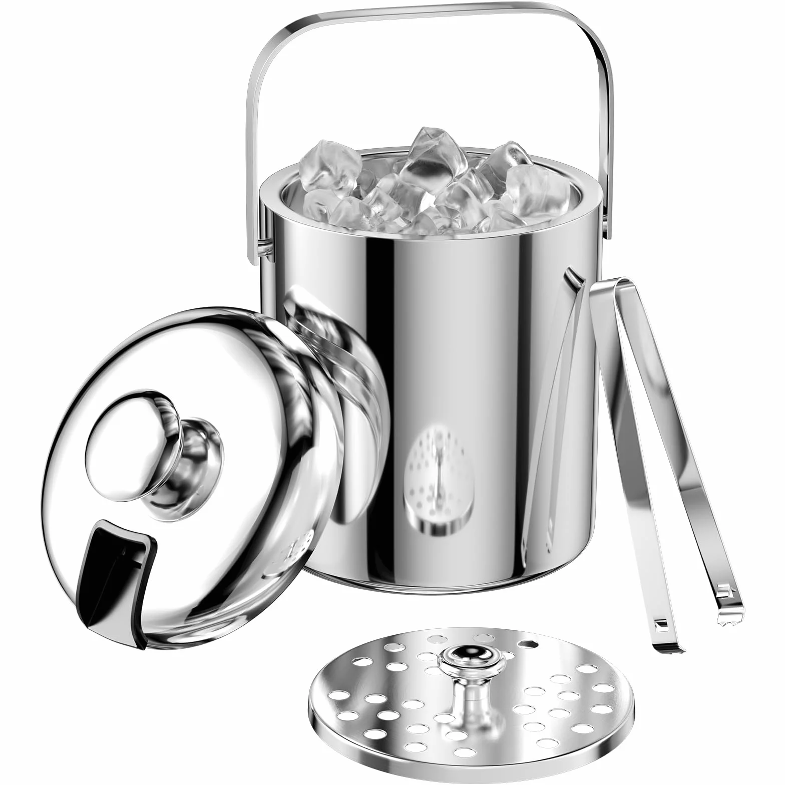 1.3 L Secchiello Ghiaccio in Acciaio Inox, Secchiello per Ghiaccio con Coperchio, Pinze e Colino, Portaghiaccio, LCE Bucke, Contenitore del Cubetto di Ghiaccio, per Cocktail Bar, Feste