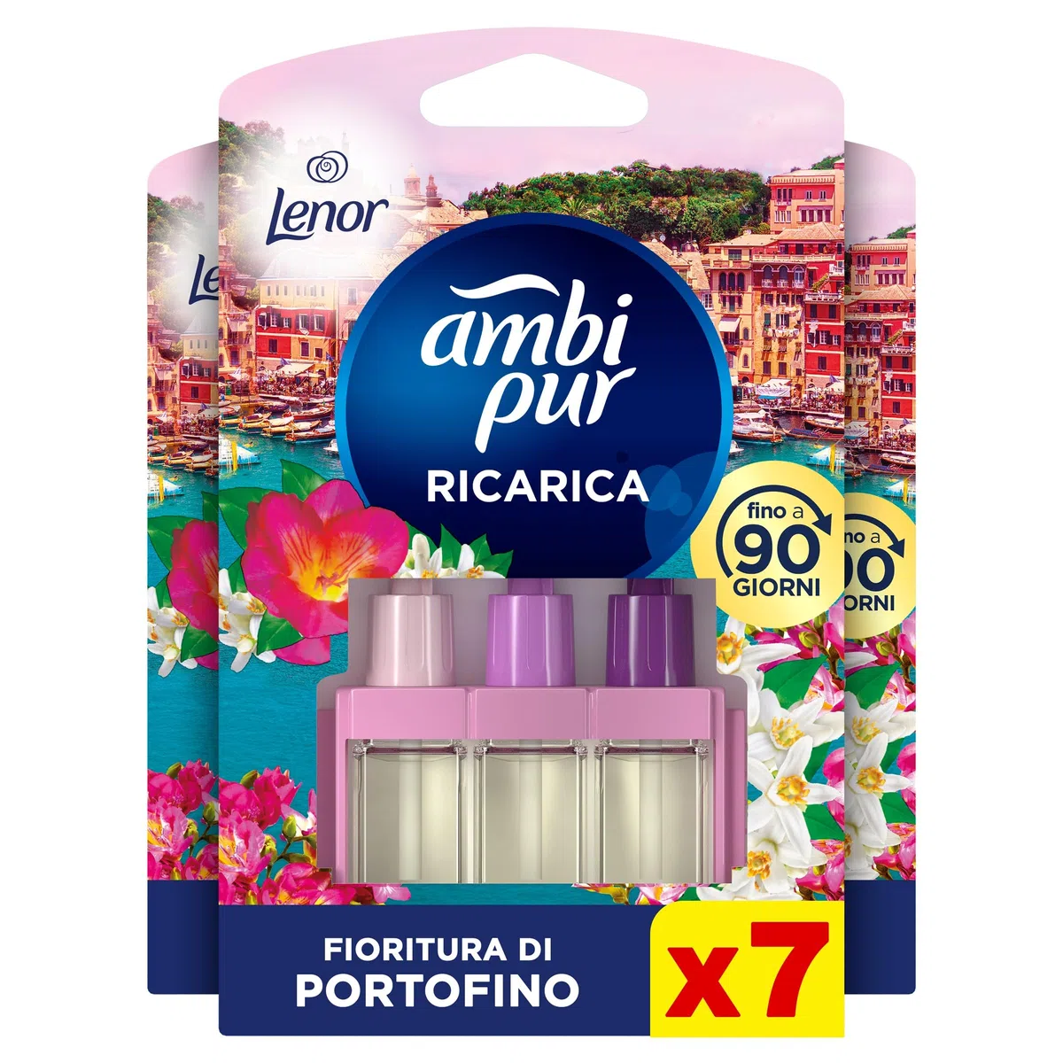 Ambi Pur 3Volution Profumatore per Ambienti, 7 Ricariche per Diffurore Elettrico, Fragranza Lenor Fioritura di Portofino, Tecnologia Elimina Odori, Fino a 90 Giorni di Profumo per Ricarica