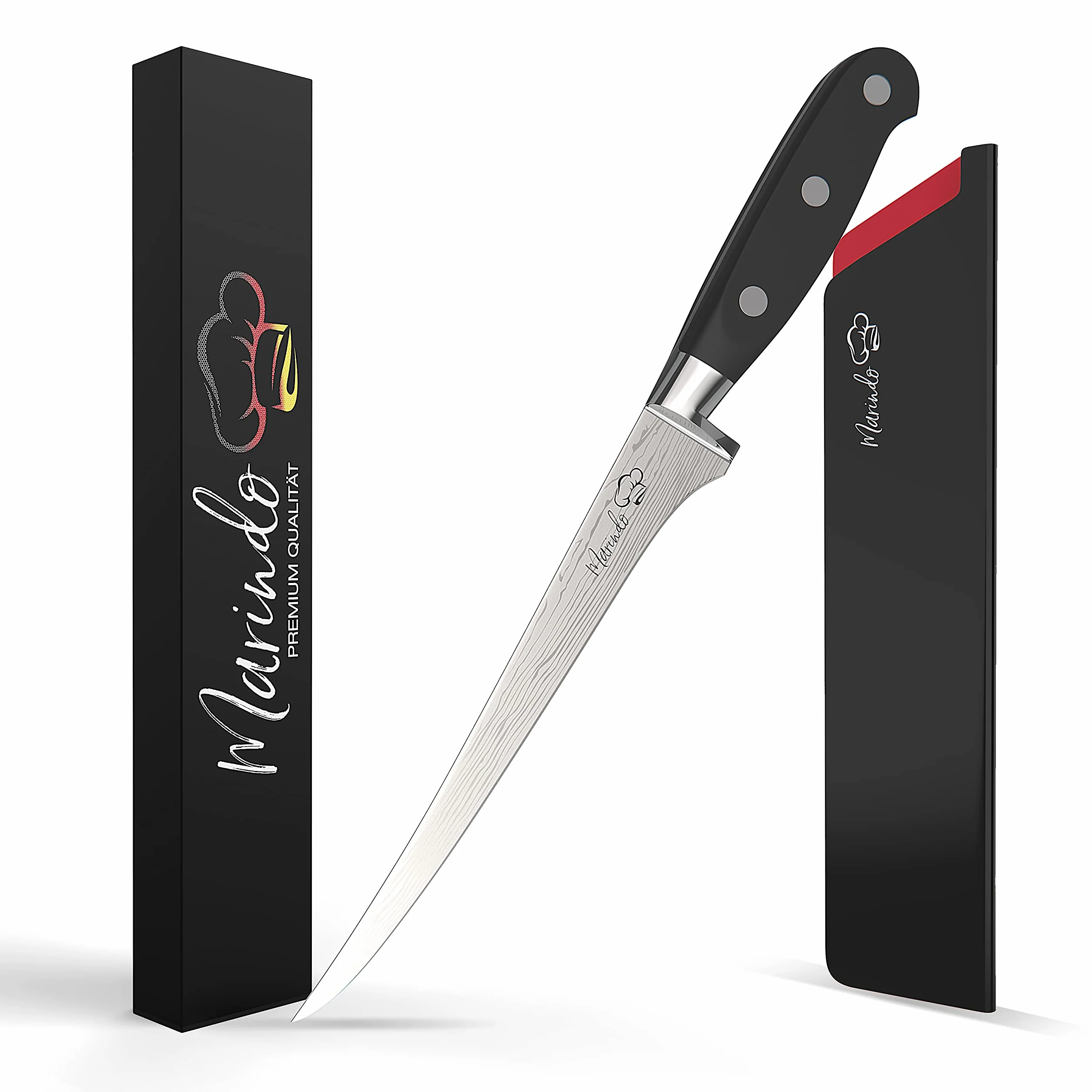 Marindo Set di coltelli professionali per sfilettare con fodero, lunghezza lama 18,5 cm, per pesce e carne, coltello da sfilettatura in acciaio inox con manico robusto, coltello da pesca antiruggine