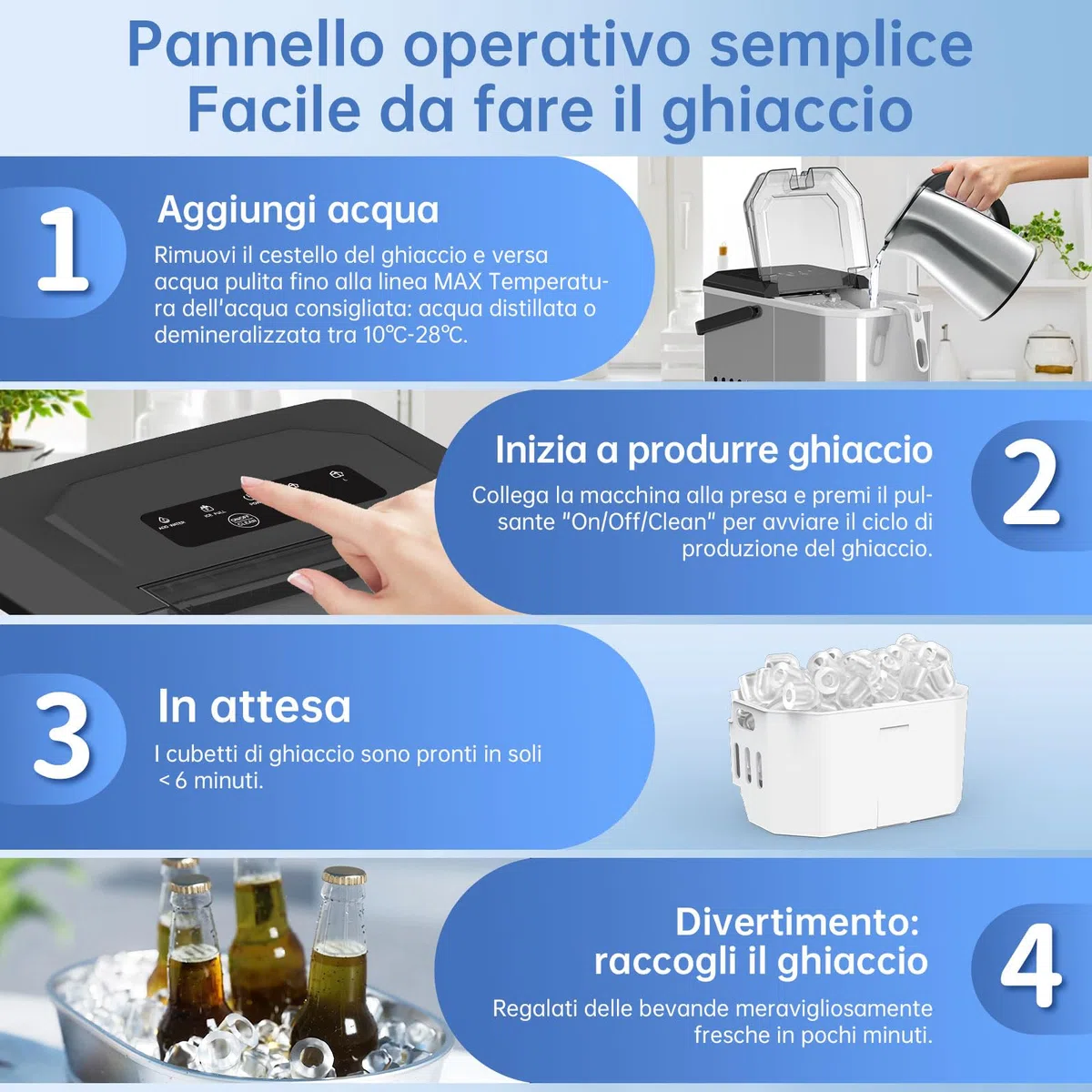 WIE Macchina Ghiaccio, 1.5L Macchina del Ghiaccio, 9 Cubetti di Ghiaccio in 6 Minuti, con Maniglia/Cestello/Pala/Silenzioso, Acciaio Inossidabile