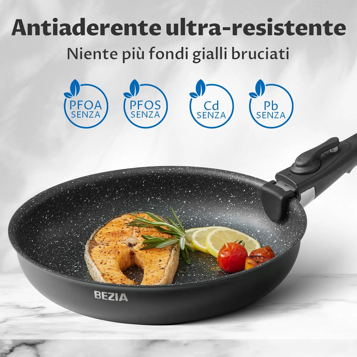 BEZIA Set di Pentole 10 Pezzi, Set Pentole e Padelle con Manico Removibile, Pentole Antiaderente, Impilabile per Camper, Prive Di Sostanze Tossiche, Senza PFOA, Compatibile con Induzione e Gas/Forno