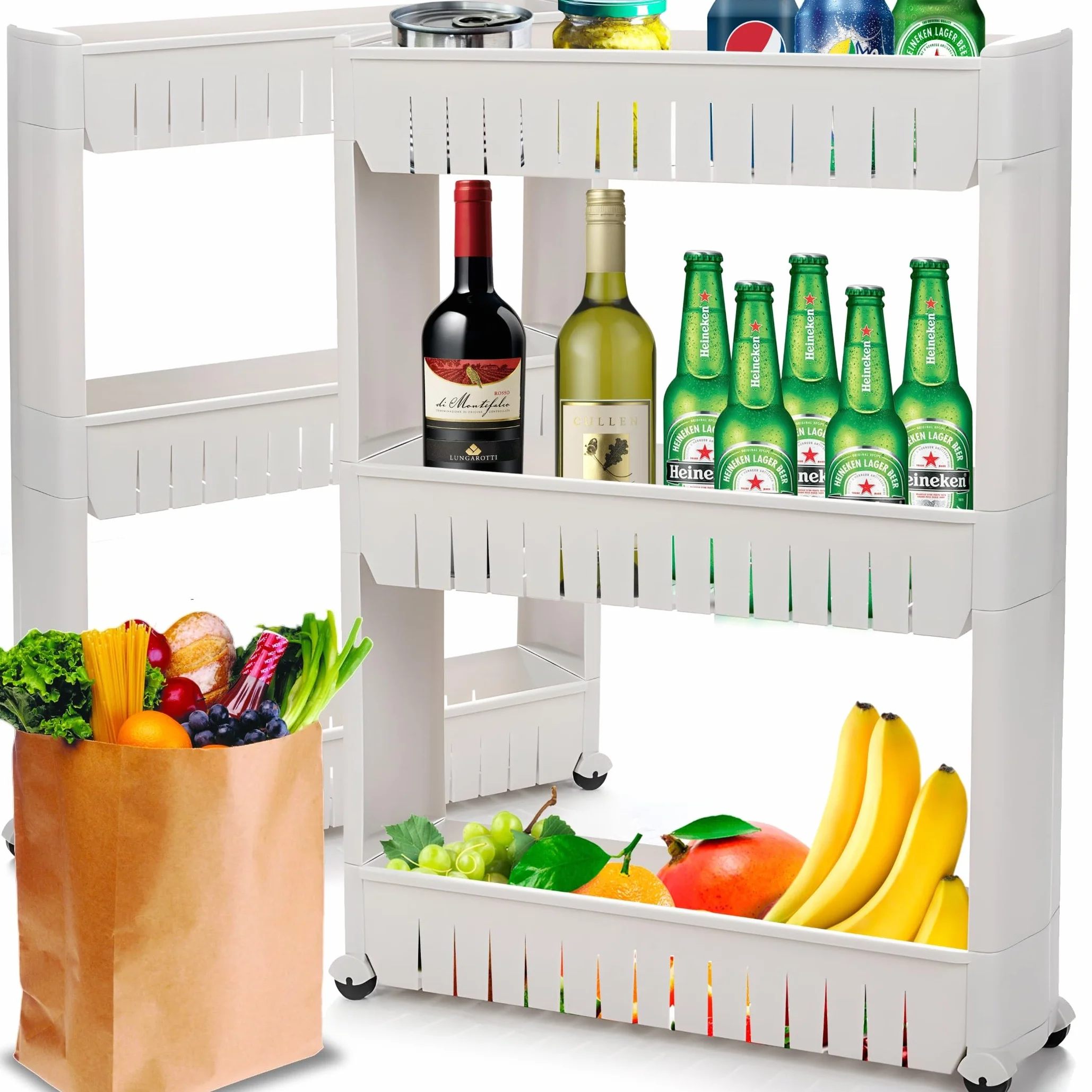 Retoo Carrello a rotelle a 3 livelli, in plastica, sottile, universale, per nicchia su ruote, salvaspazio, scaffale da bagno e cucina, scaffale su ruote per cucina, ufficio, bagno, 71 x 54 x 12 cm,