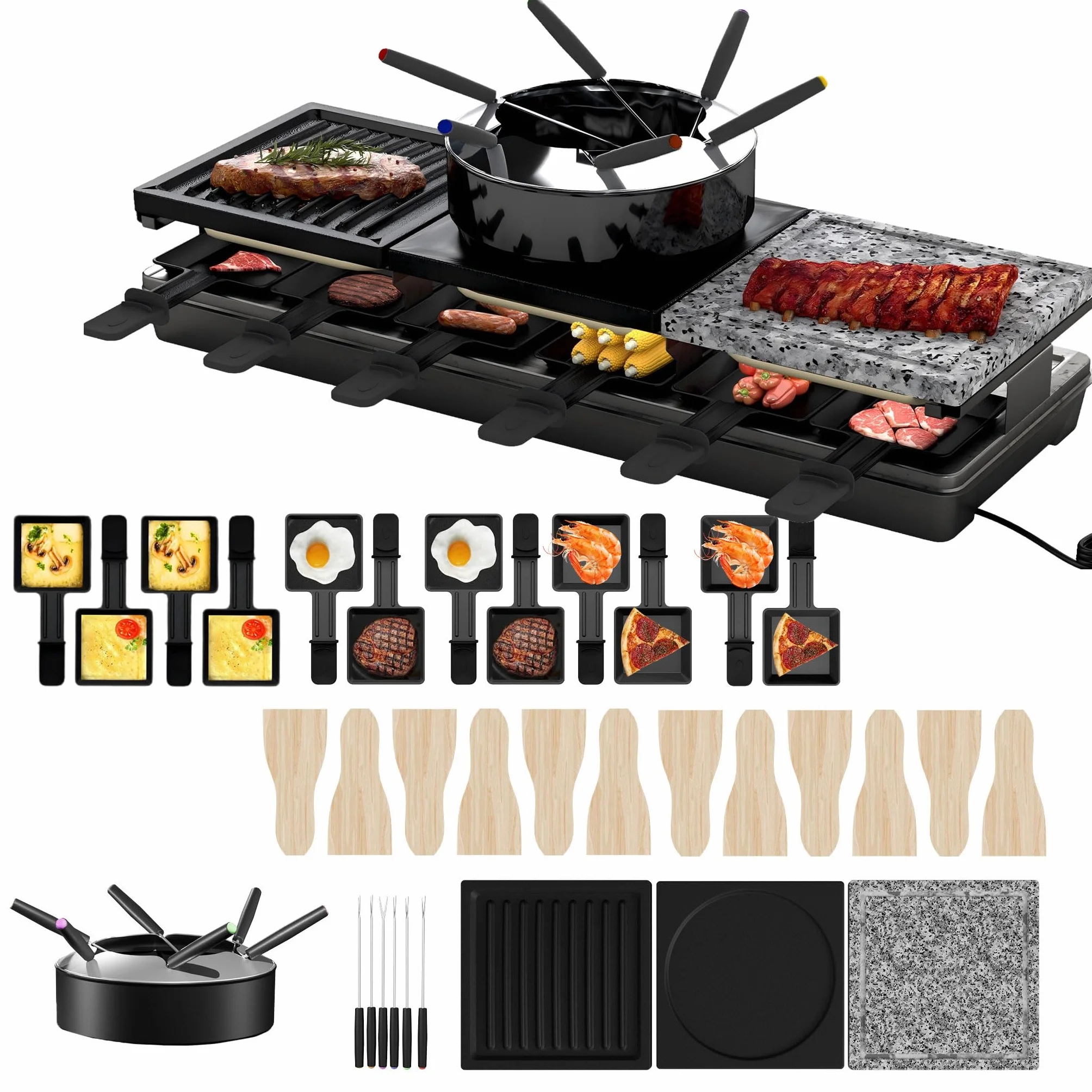 UISEBRT Raclette Grill per 12 persone, macchina da raclette 3 in 1 con padella, set per fonduta, pietra calda, 12 padelle e 12 spatole per legno, piastra per raclette antiaderente, 1650 W