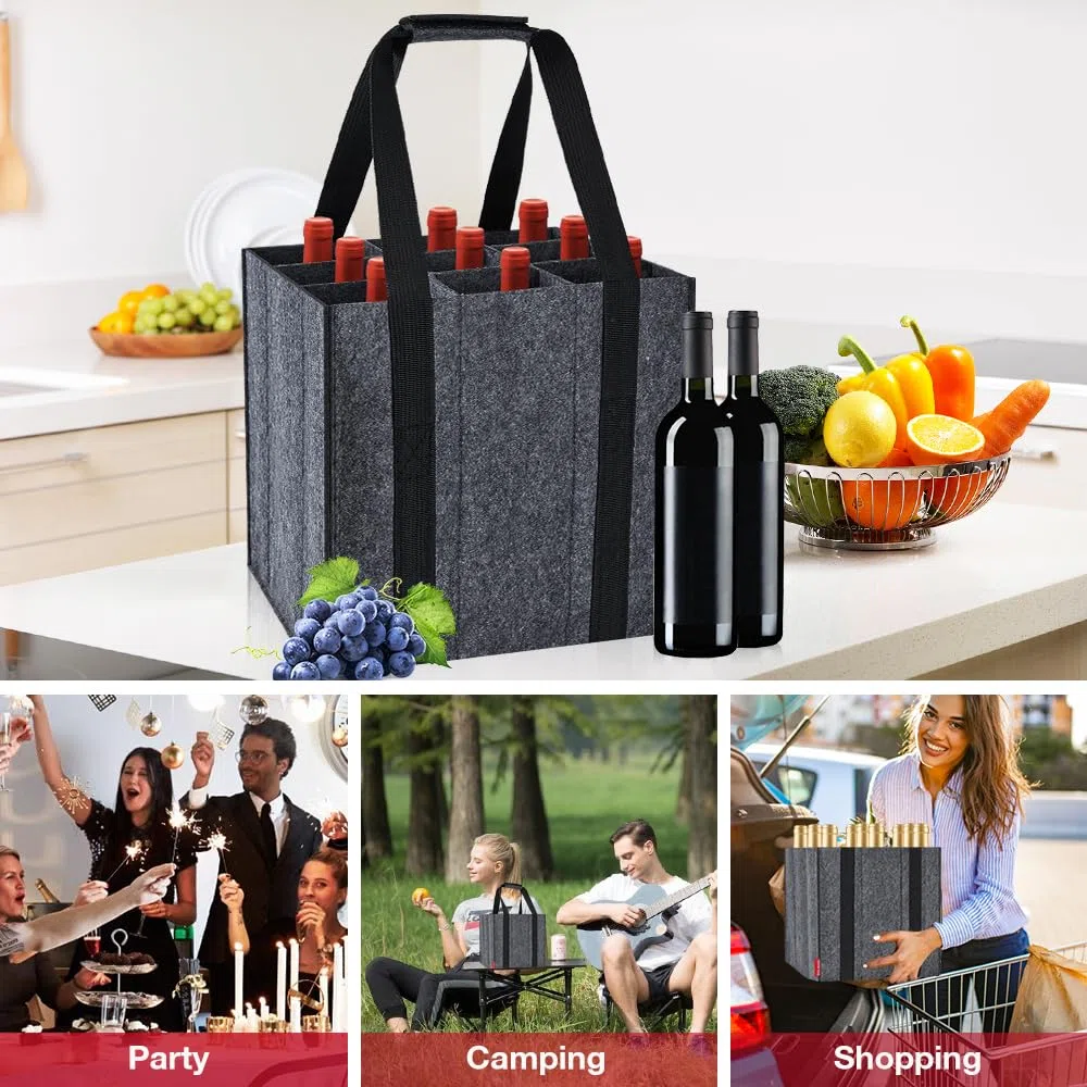 Eurhomewit Borsa per Bottiglie Vino Acqua in Feltro, 9 Scomparti Borse Porta Vino Portabottiglie, Borsa Trasporto per Vino Bottiglie in Vetro 1,5 litri, Riutilizzabile - Nero