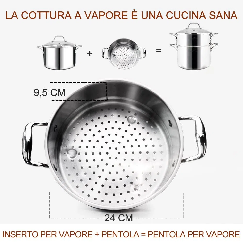 HOMICHEF 14 pezzi set di pentole in acciaio inox senza nichel, rivestito in 3 strati - Set di pentole e padelle lucidate a specchio - Pentole salutari con vaporiera - Pentole a induzione atossiche