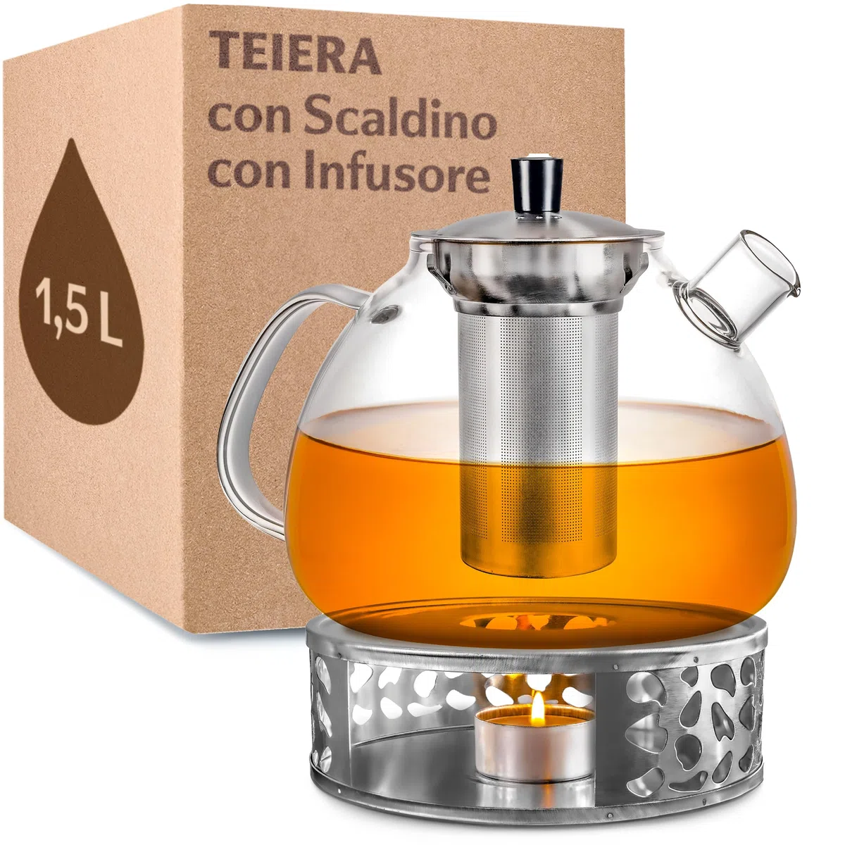 Cosumy Teiera con Infusore con Scaldino - 1,5l Vetro Borosilicato - Lavabile in Lavastoviglie - Resistente al Calore - Grandi Teiera