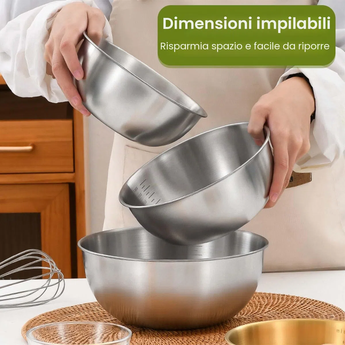 Gucass Set da 5 ciotole acciaio inox cucina (0,7 L / 1,2 L / 1,8 L / 2,5 L / 3,5 L), ciotole cucina impilabili, insalatiera acciaio inox lavabili in lavastoviglie – per insalata, impasti, dolci