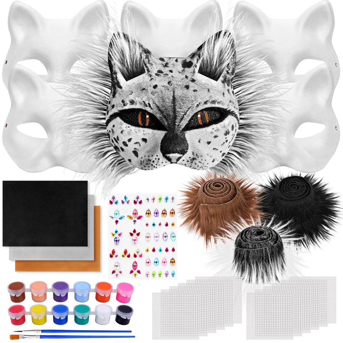 Dreamtop Therian Maschera Gatto Kit con Therian Maschere, Finta Pelliccia e Rete per Gli Occhi e Foglio di Feltro Autoadesivo, Pennelli e Colori per DIY Cosplay Feste Maschera Carnevale Halloween
