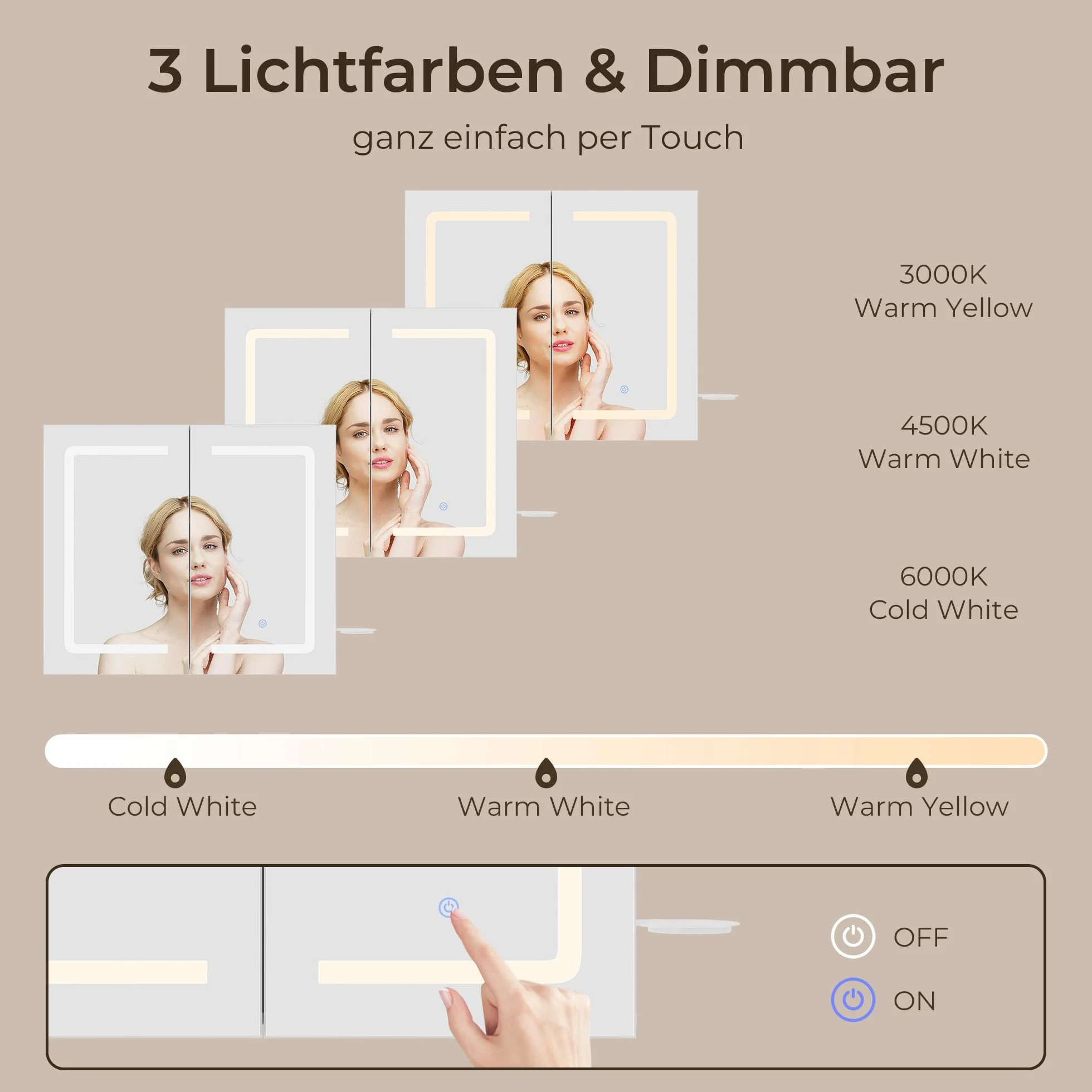 Armadio da bagno con specchio e illuminazione a LED, dimmerabile, con sensore di contatto,presa elettrica, ripiani regolabili,doppia porta in MDF di alta qualità,70X16X60CM,Bianco