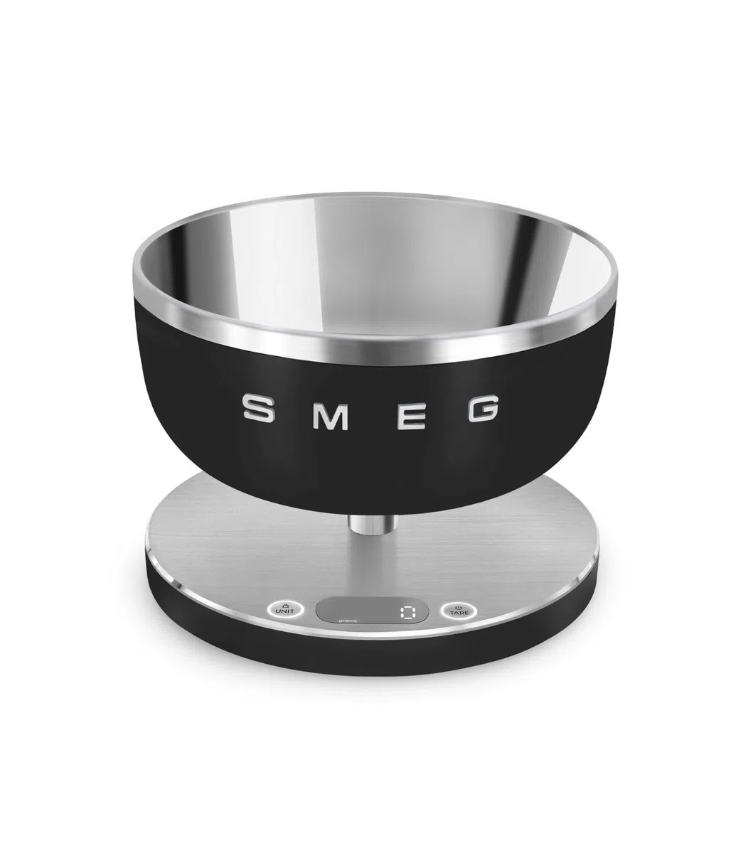 Smeg, Bilancia da Cucina Digitale KSC01BLMWW, Ciotola in Acciao Inox Removibile, Quattro Unità di Misura g/ml e lb.oz/fl.oz, con Funzione Tara, Portata Massima 5kg, Nero
