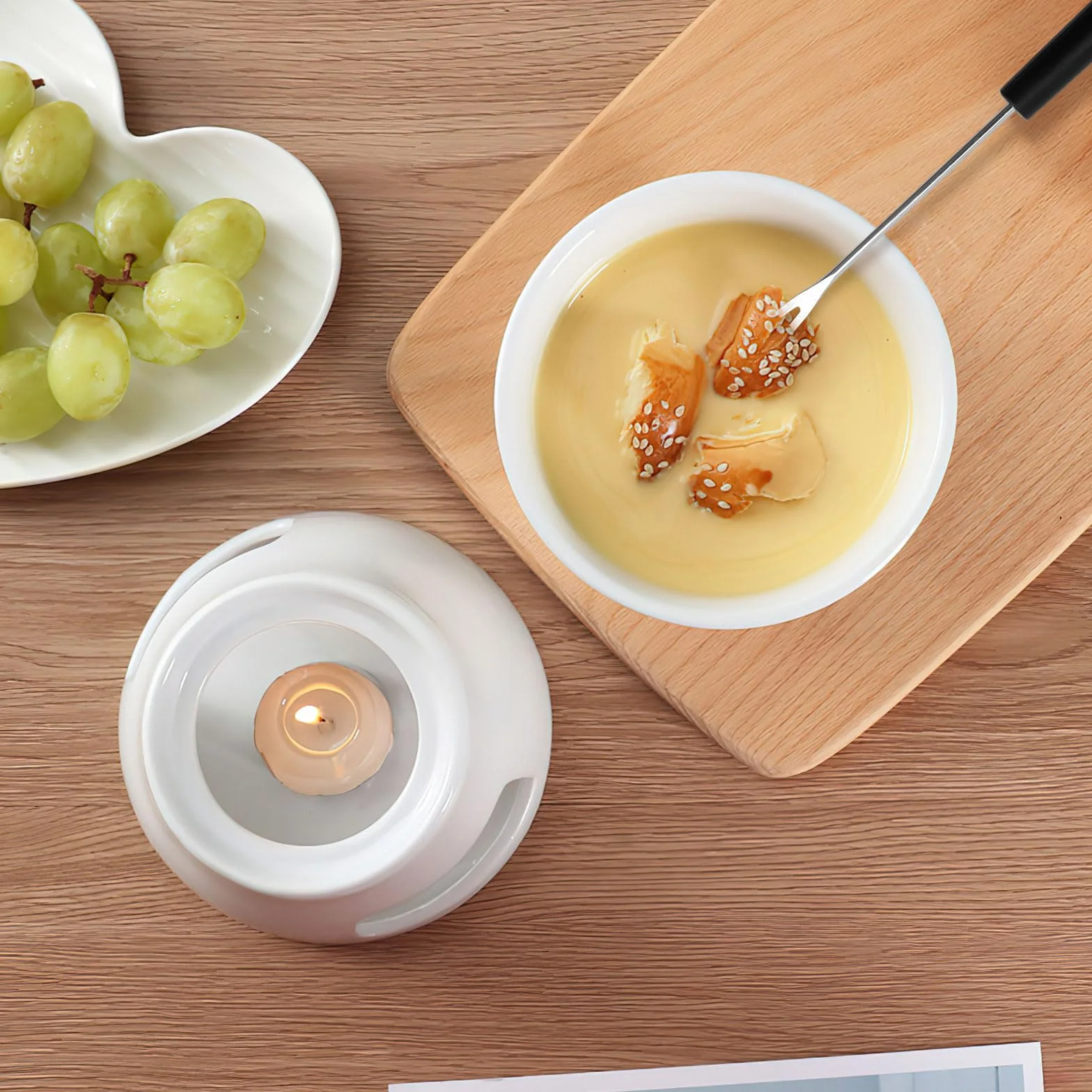 DAWRIS Set Fonduta in Ceramica per Cioccolato e Formaggio, Ciotola in Ceramica con Portacandela e 4 Gabeln, Set Fonduta per Cioccolato e Formaggio per Famiglia e Dessert