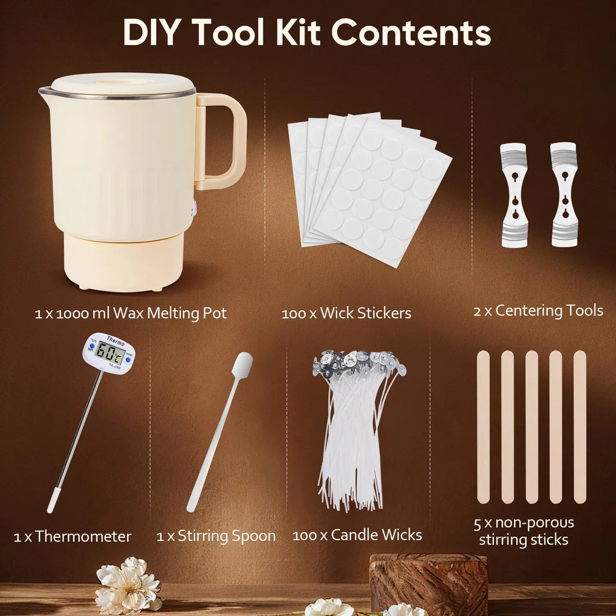 Fusciera Elettrica per Candele 1L, Kit Candele Fai Da Te, Kit Di Fabbricazione Di Candele Di Soia Con Pentola per Fusione Di Cera, Termometro, Stoppino per Candele, Stoppino E Cucchiaio per Mescolare