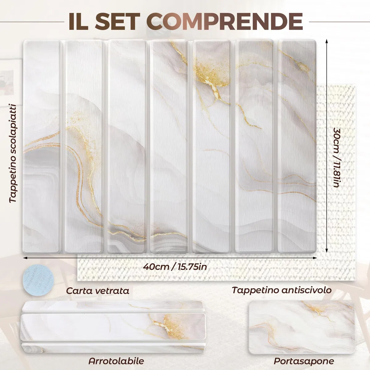 Tappetino Scolapiatti in Diatomite 40 x 30 cm, Tappetino Scolapiatti Assorbente Cucina, Assorbente e Asciugatura Rapida (Bianco Oro, con Porta Saponetta)