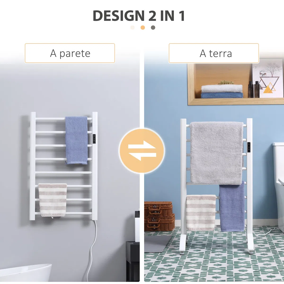 HOMCOM Scaldasalviette Elettrico a 8 Barre, Portasciugamani Riscaldato con Timer e Controllo Temperatura, in Acciaio al Carbonio, 50x45x90 cm, Bianco