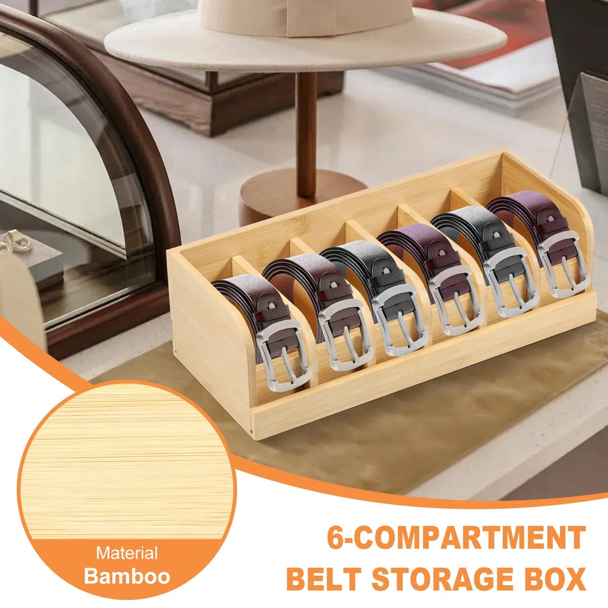 Organizzatore per cinture con 6 scomparti, contenitore per cinture per armadio e cassetto, vetrina in bambù per cinture, scatola per cinture per uomini e donne, cravatta, gioielli, orologi (Nebel)