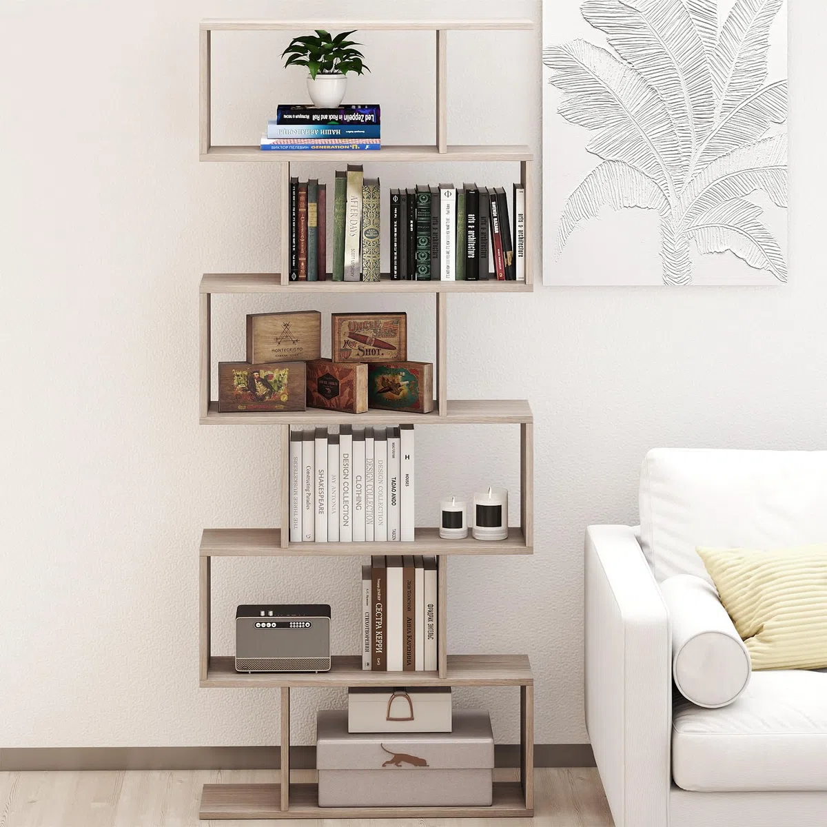 COSTWAY Scaffale a 6 Ripiani, Libreria a Forma di S, Libreria Scaffale da Terra in Legno, Divisorio per Soggiorno, Camera da Letto, Ufficio, 80 x 23 x 192 cm (Quercia)