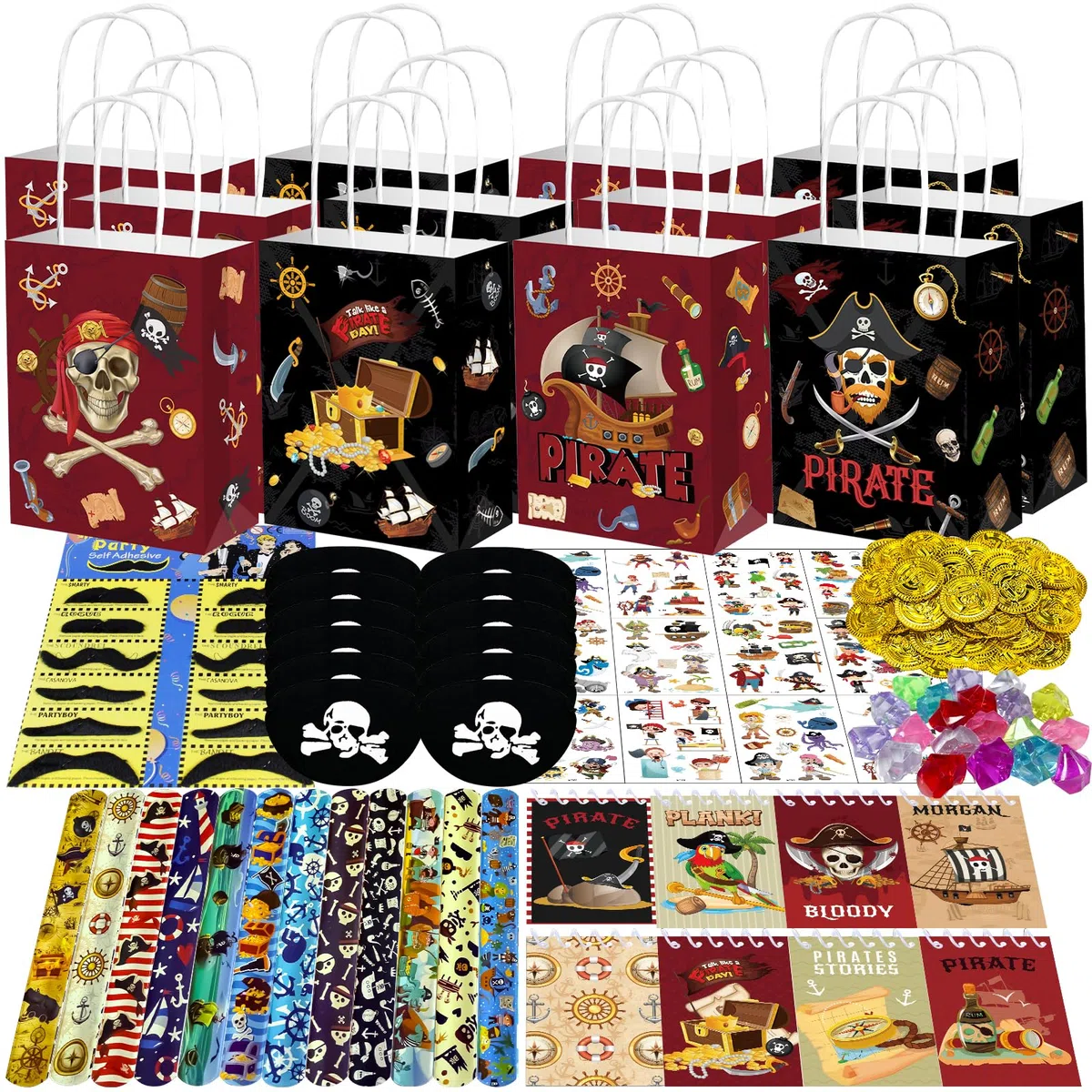 PQKL Party: Set di regalini pirata per compleanno bambini, festa dei pirati, sacchetti regalo, taccuino baffi, bracciale a scatto, adesivo per la nascita dei bambini