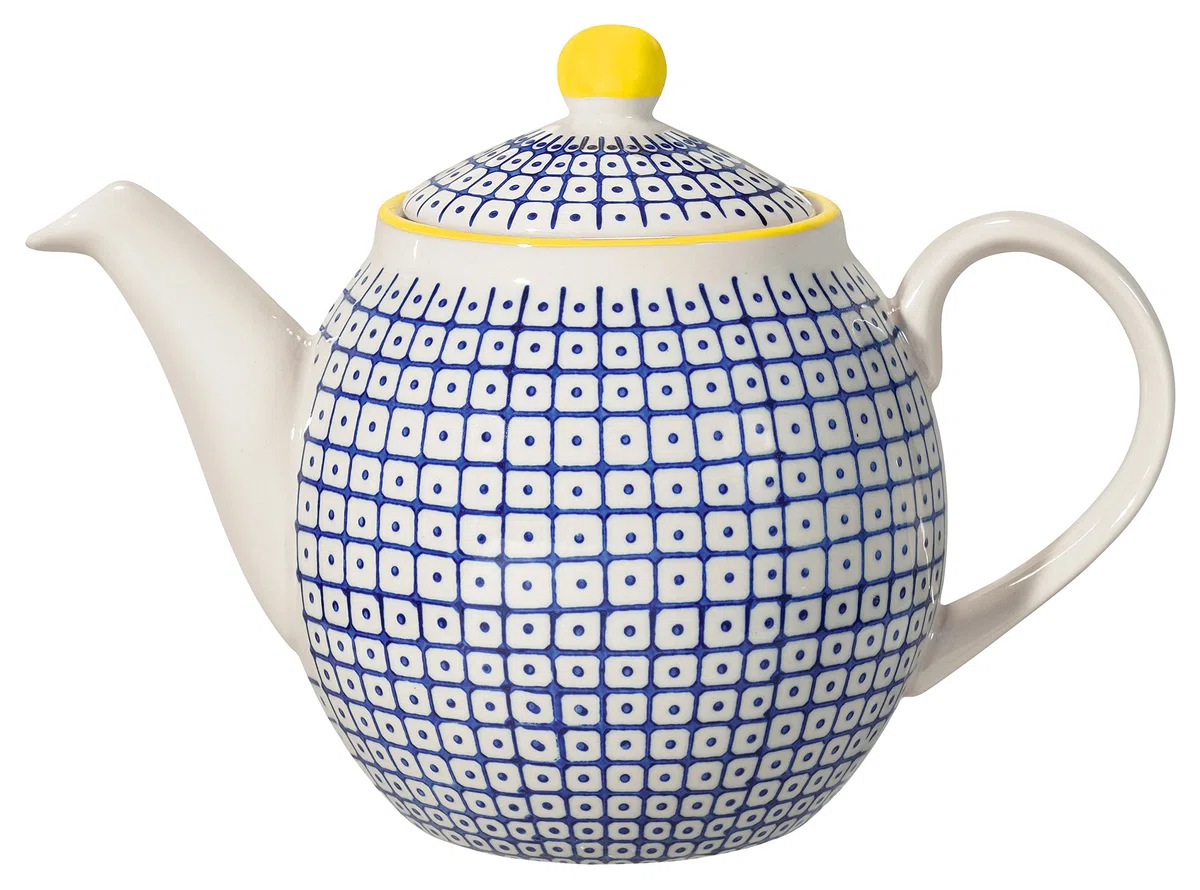 Bloomingville Teiera con Motivo Carla Lapis - de Loza colorato ø 14 cm, Blu Giallo, Ceramica Gres, capacità 1200 ml