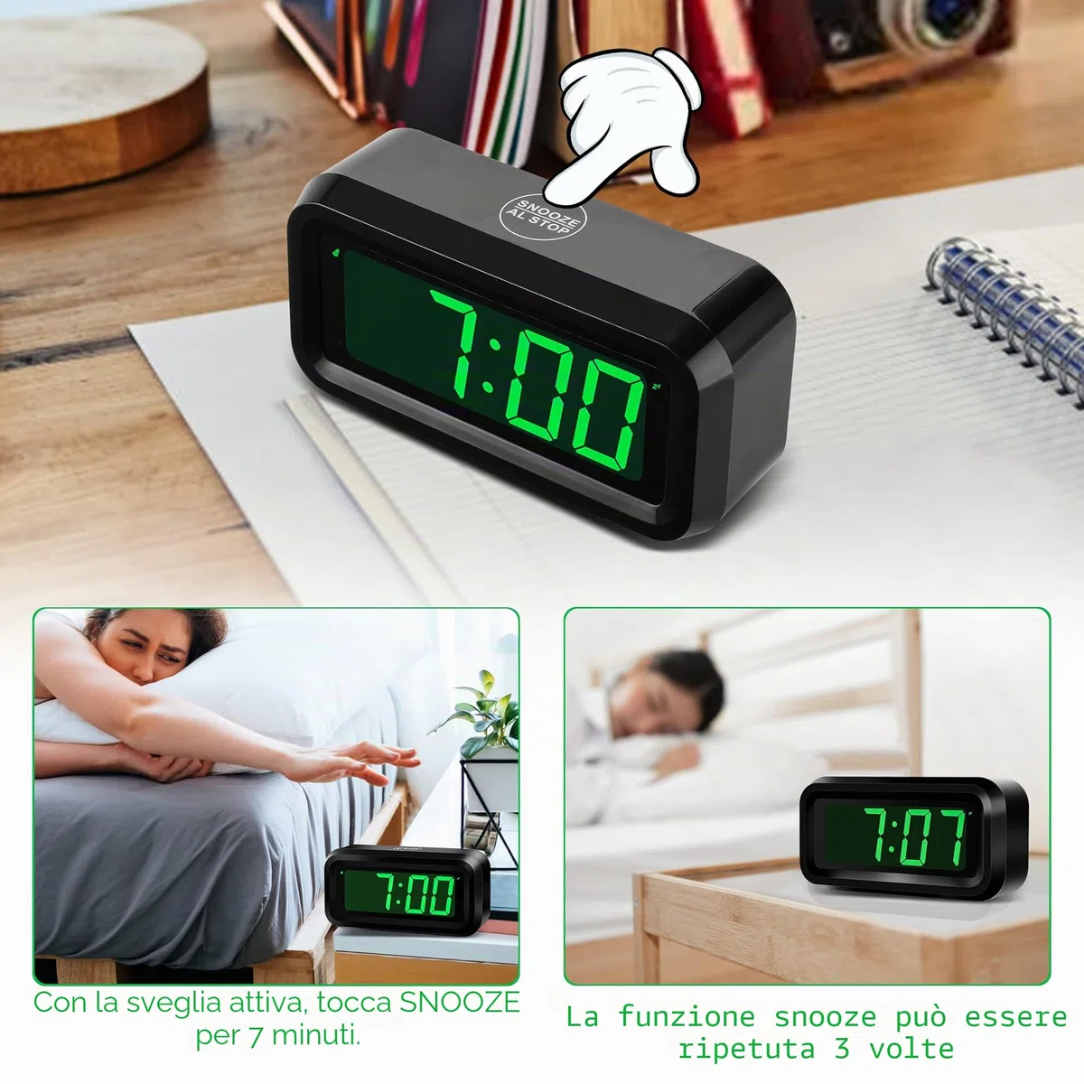 KWANWA Sveglia Digitale,Sveglia da Comodino,LED Sveglia con Grande 1.2 '' Time Display LED, Batteria AA Alimentato Solo, Funzione Snooze, Senza Ticchettare (Display verde)