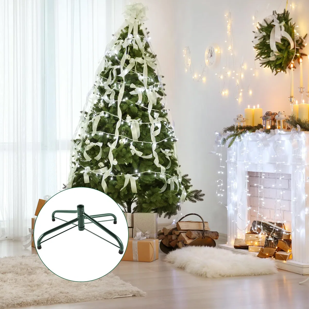 Supporto per Albero di Natale, Pieghevole, 40 cm, in Metallo, con Piedini in Gomma, Grande Stabile, per Interni ed Esterni, Decorazione Natalizia per Decorazioni Natalizie, Verde