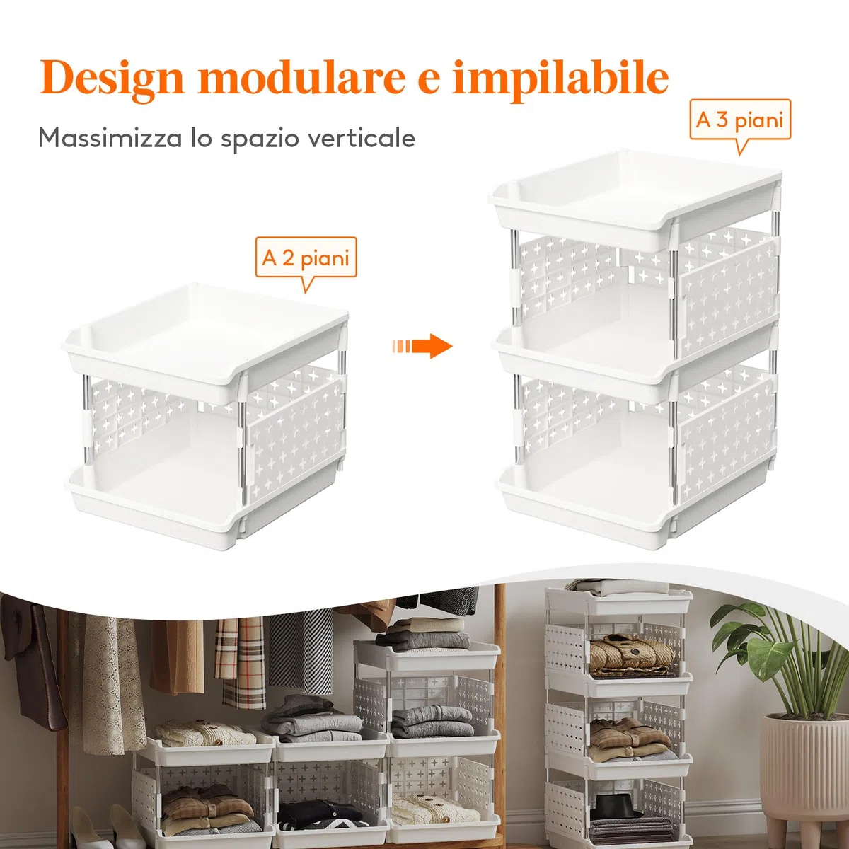 Lifewit Cassetti Impilabili, Plastica Scaffale Portaoggetti Cucina Cassettiera Armadio Interna, Organizer Portaoggetti, 35 x 30 x 54 cm, Bianco, 3 Livelli