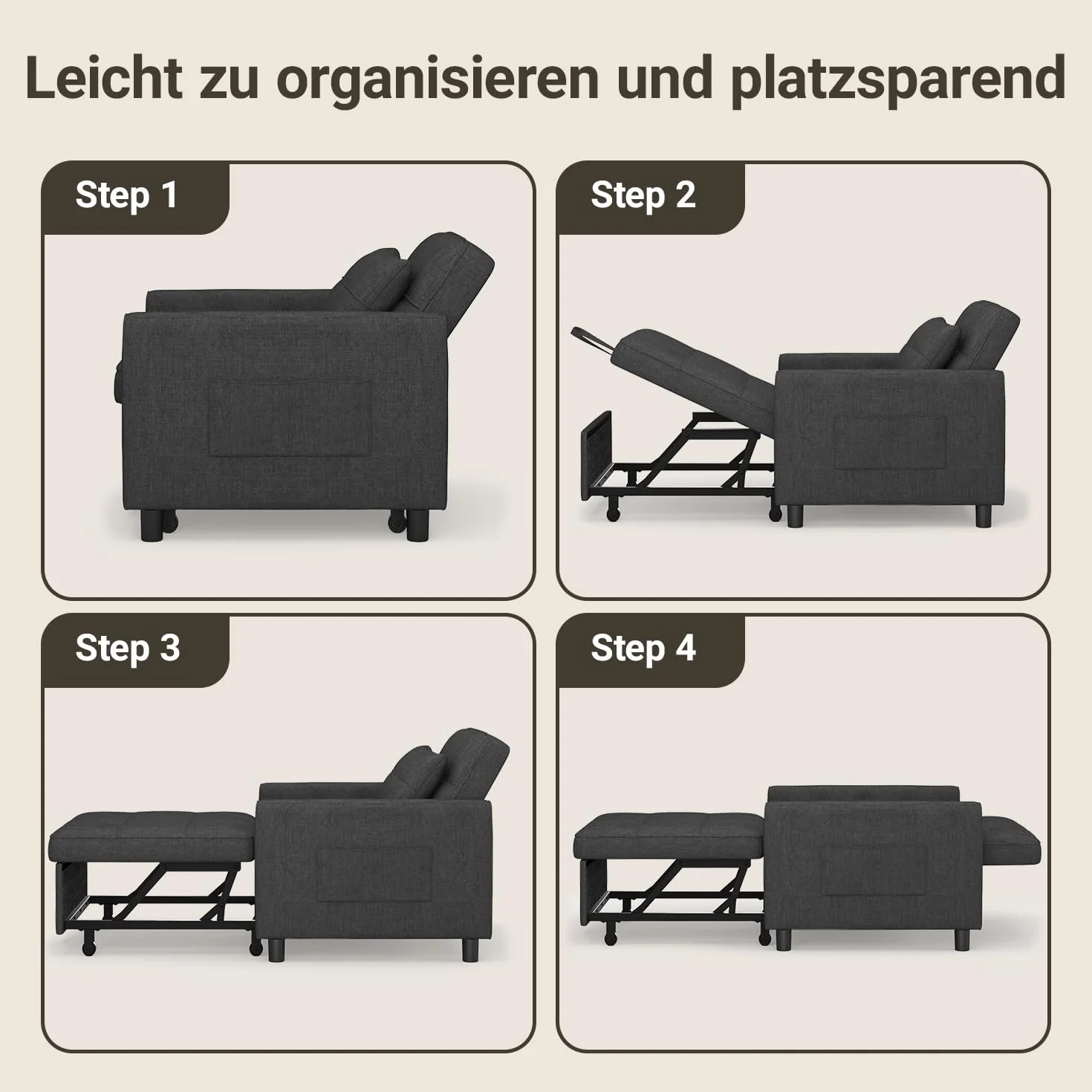 Xbro Poltrona Letto Singolo 3 in 1, Schienale Regolabile, Divano Relax Salvaspazio con Borsa Integrata per Appartamento/Camera da Letto