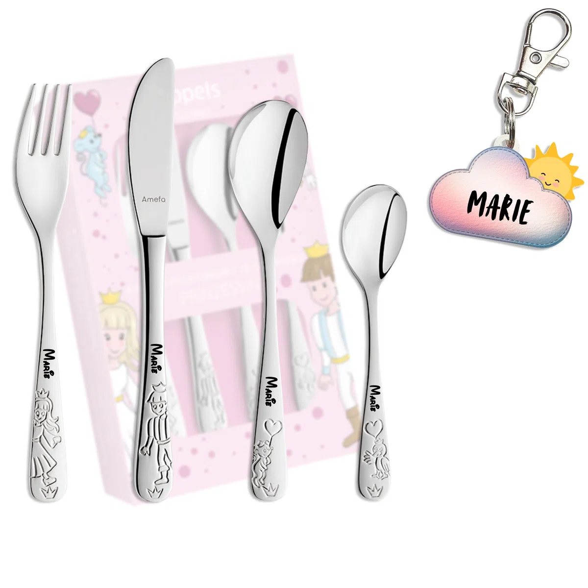 Posate personalizzate per bambini con incisione - 5 pezzi - con nome - tema principessa - con incluso un PORTACHIAVI GRATIS per cartella - regalo per battesimo, compleanno