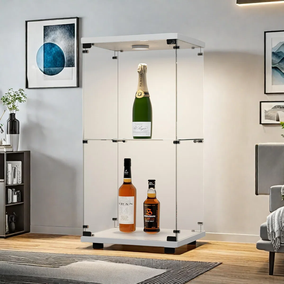 Vetrina in vetro, vetrina da collezione con LED, vetrina temperata moderna in vetro a 2 strati con serrature, trasparente vetrine su base per soggiorno, camera da letto, 40 x 36 x 86 cm (bianco)