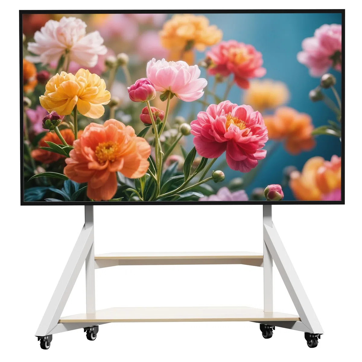 UNHO Supporto TV da Pavimento con Ruote Bianco: Supporto TV Mobile con Rotelle per 65-100 Pollici, Peso Max 100kg Base Solida per Schermi Giganti, Max VESA 800x600mm, Regolabile in Altezza