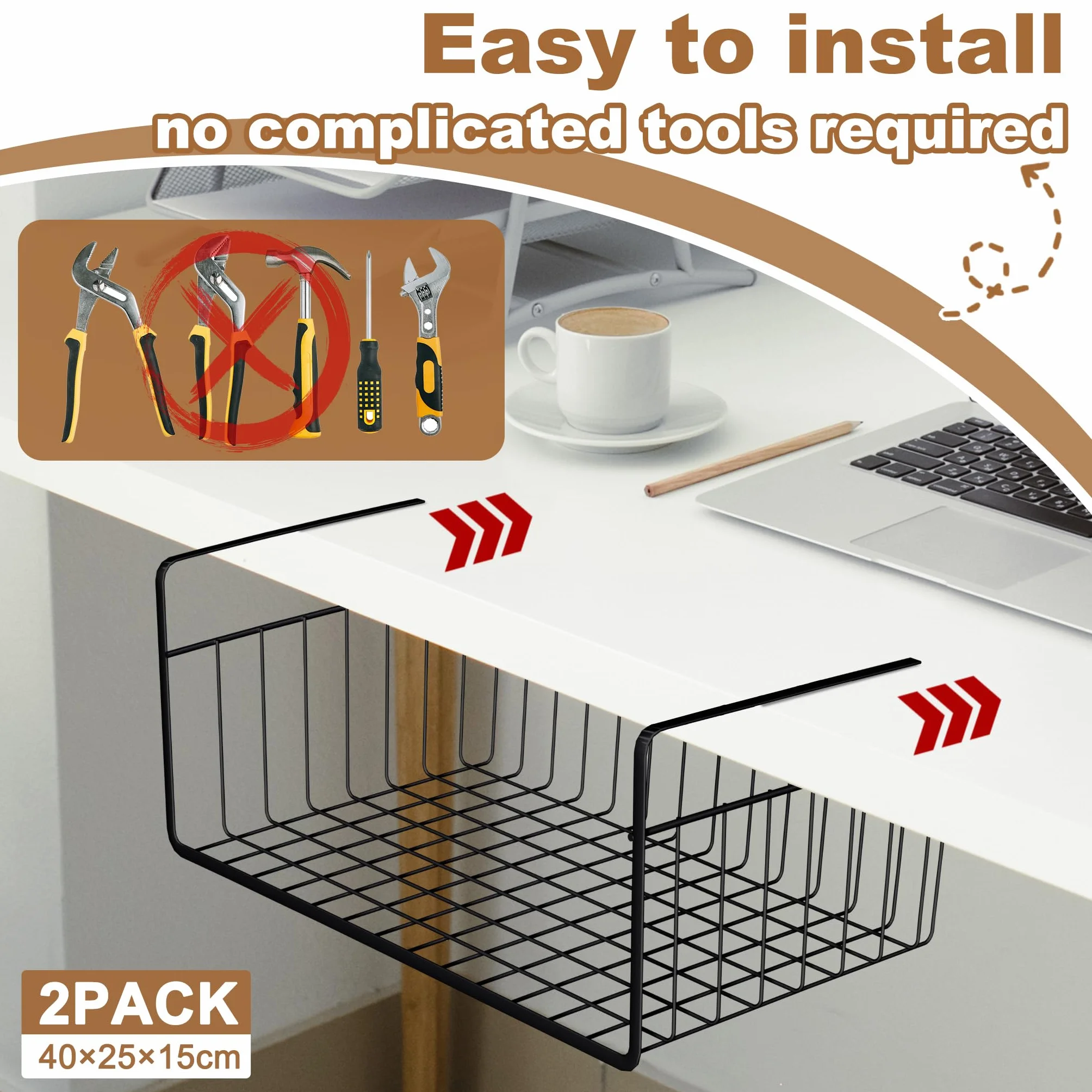 FIVMEN Set di 2 cestini sospesi in metallo per scaffale - Cestino metallico sospeso per organizzazione - Organizzatore per cucina, ufficio, dispensa, bagno - 40x25x15 cm
