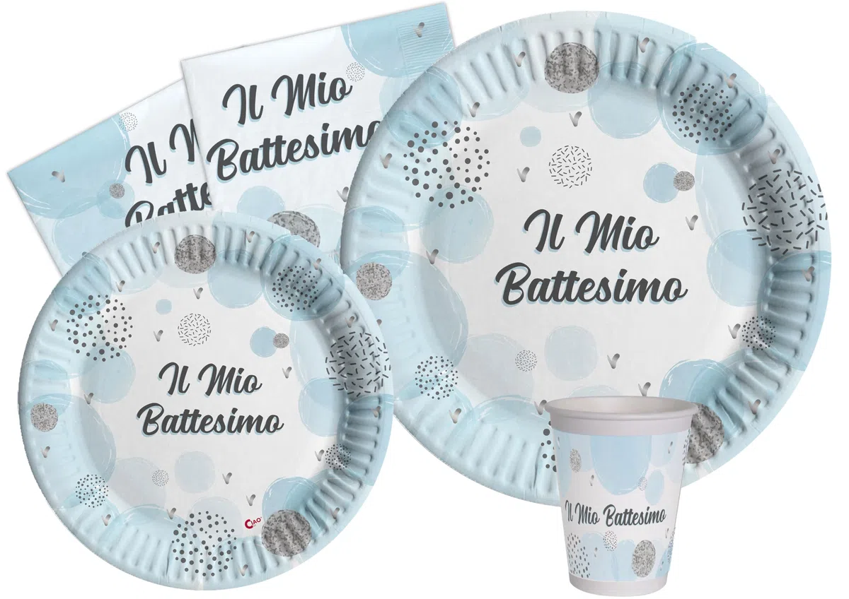 Kit Party Tavola Battesimo per 24 persone (112 pezzi: 24 piatti Ø23cm, 24 piatti Ø18cm, 24 bicchieri 200ml, 40 tovaglioli 33x33cm) in carta compostabile eco-friendly, azzurro