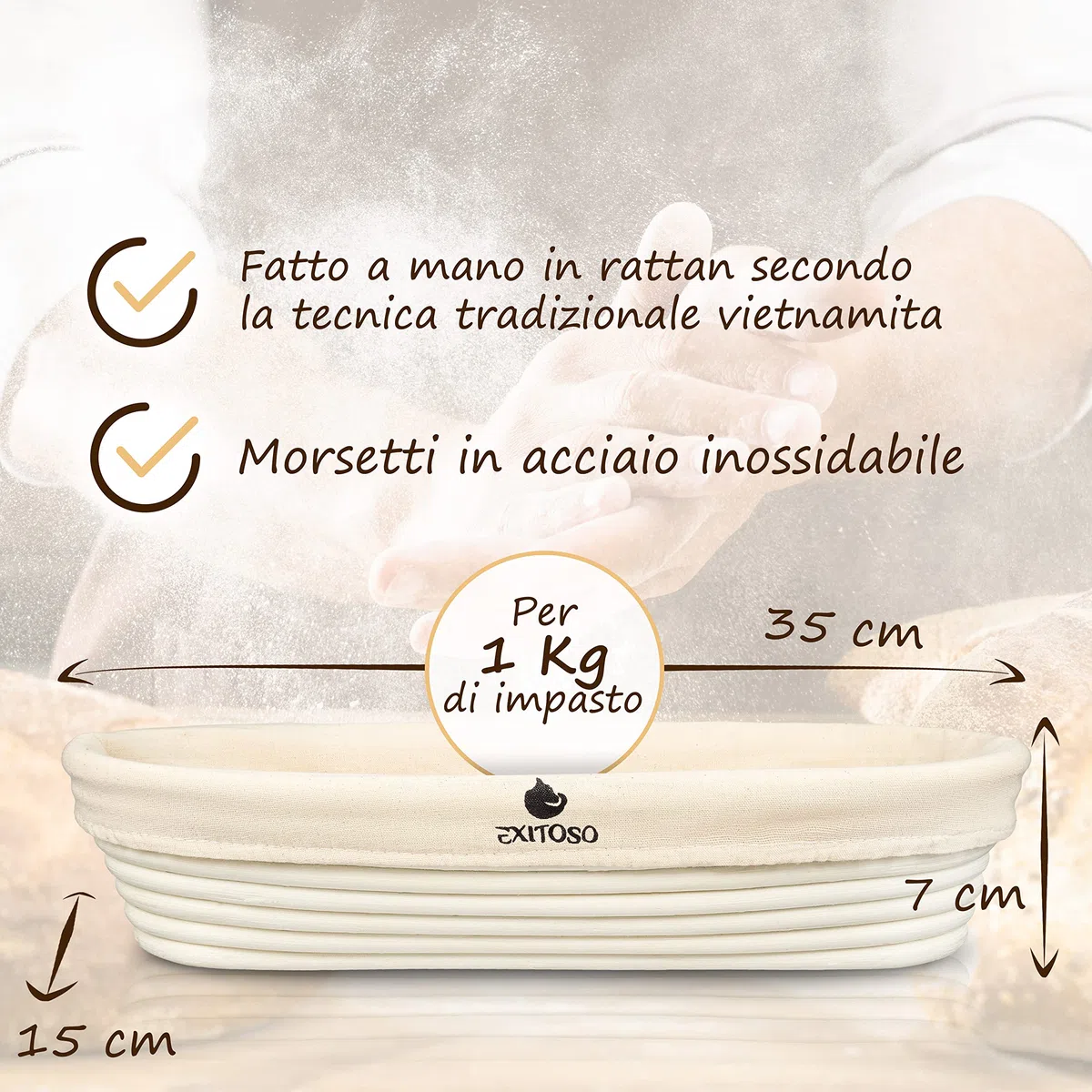 EXITOSO Cestino Lievitazione Rotondo in Rattan 25cm - Panificazione di 1kg di Pane - Grande Cesto Ciotola per Impastare