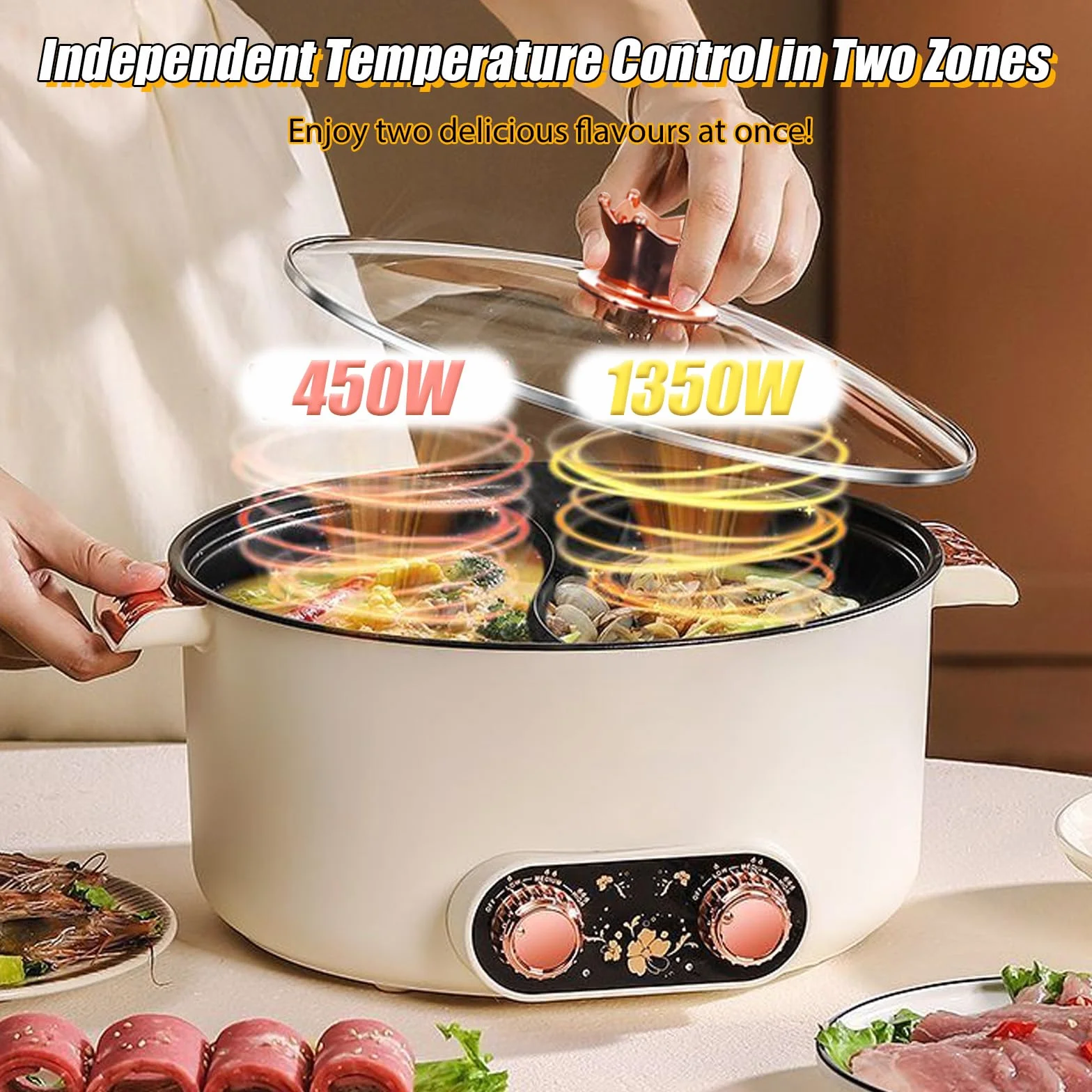 Pentola elettrica da 2 lati con due regolatori, 5 l, 1350 W, tre regolazioni di potenza, antiaderente multifunzionale, veloce per arrosti, ramen, fonduta