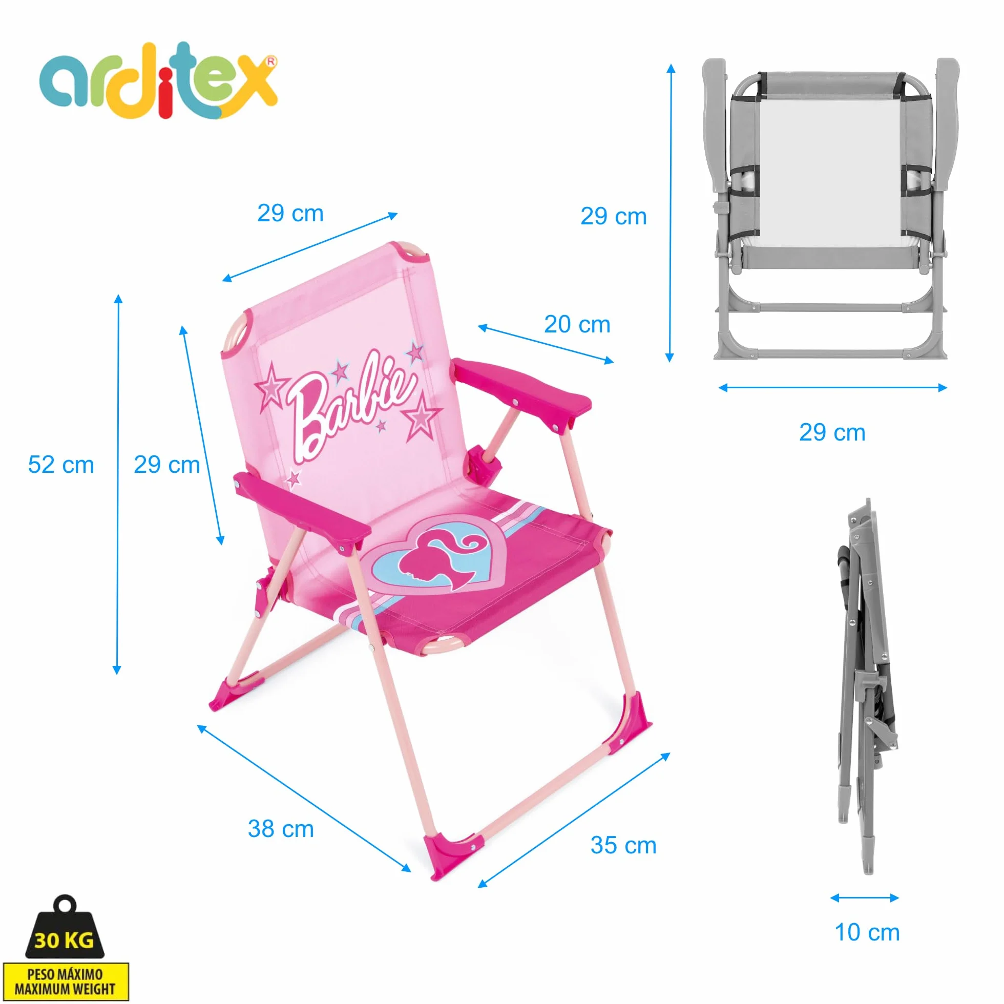 ARDITEX Sedia pieghevole con braccioli Barbie – 38x32x53cm – Adatta per giardino, campeggio, spiaggia o montagna – Ideale per bambini.