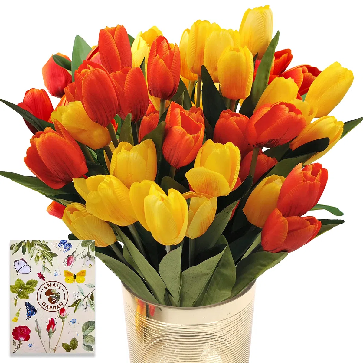 SNAIL GARDEN Set di 36 Tulipani Artificiali,Tulipani in Seta,Fiore Finto Tulipano con 1 Biglietto di Auguri per Matrimonio,Casa,Festa,Festival,Composizioni Floreali,Bouquet da Sposa(Rosso/Giallo)