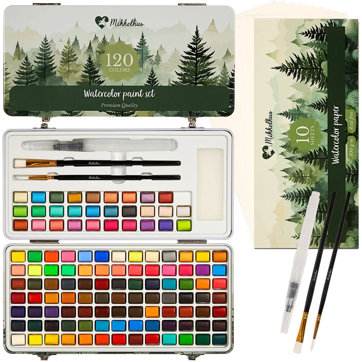 Set di colori ad acquerello, 120 colori in scatola con pennello e carta, set di pittura ad acquerello di alta qualità per artisti, confezione regalo con colori metallizzati e fluorescenti