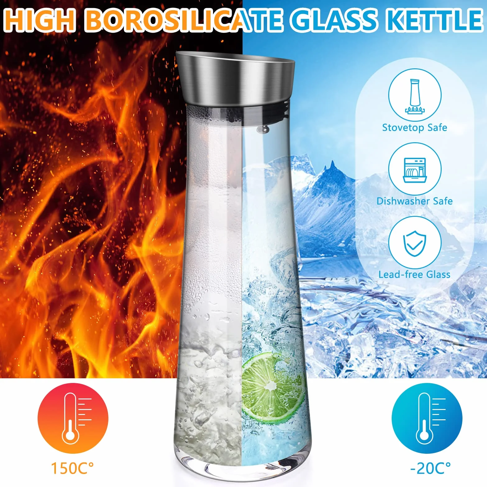 Caraffa in Vetro,Bottiglie Vetro 1Litro,Caraffa in vetro con coperchio ideale per limonata, acqua e tè