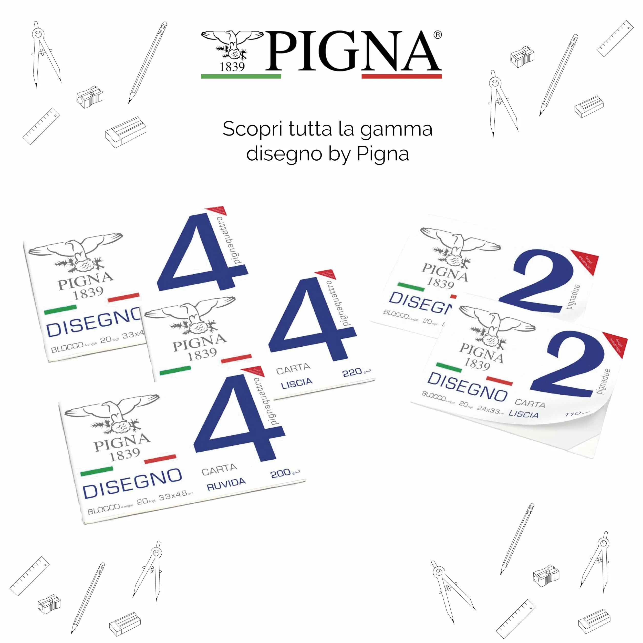 Pigna, Blocco da Disegno con 4 angoli PignaQuattro, Formato 33x48 cm., 20 Fogli da 220 g/m², Perfetto per Disegni e Schizzi, Carta Liscia, confezione 1 pezzo