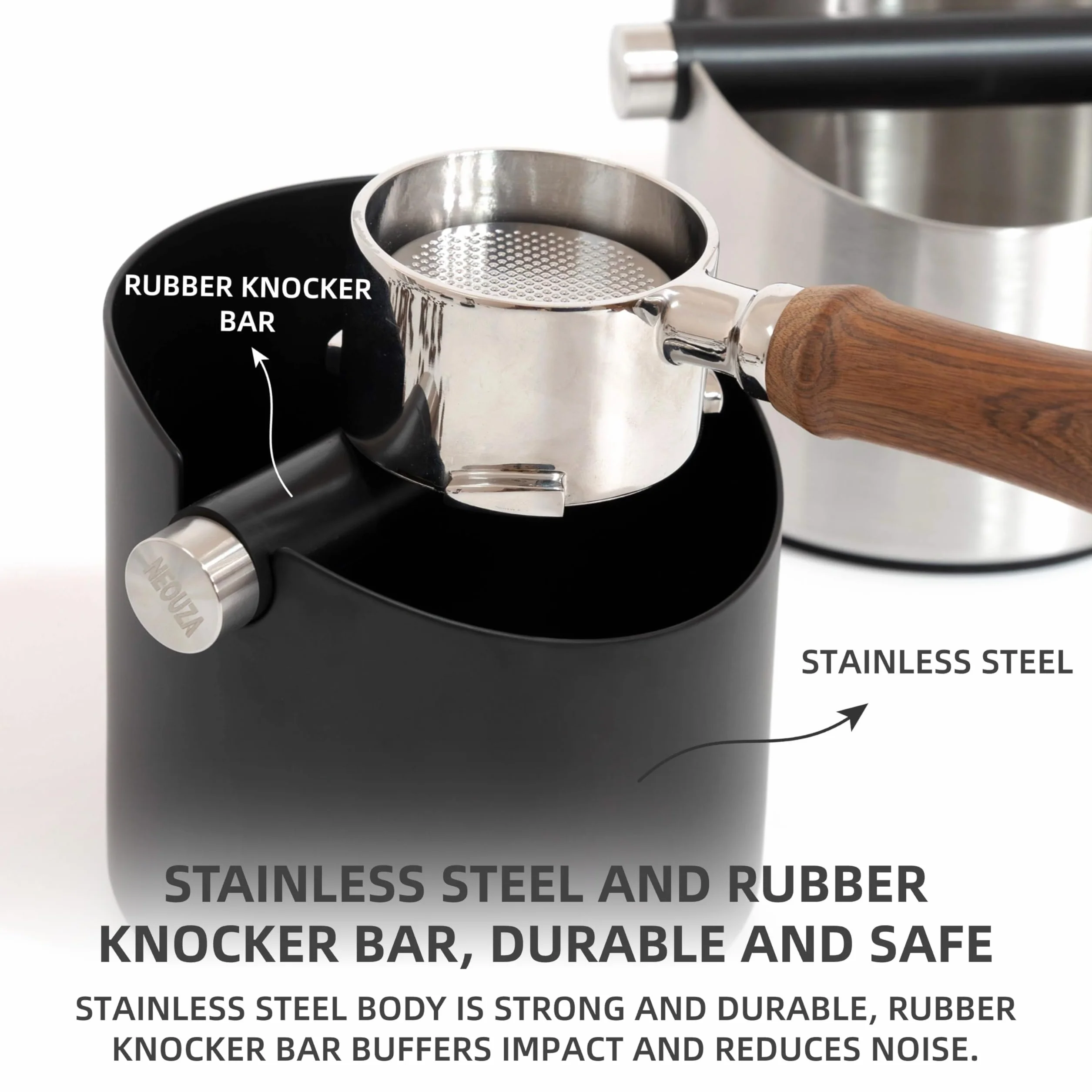 NEOUZA Knock Box - Pattumiera per macchina da caffè espresso, accessorio da barista, assorbe gli urti, con barra in metallo rimovibile (nero, M)
