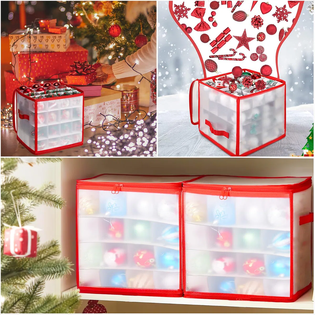 Scatola Portaoggetti per Ornamenti Natalizi, Contenitore per 64 Palline Albero di Natale, Borsa e Scatola Porta Palle