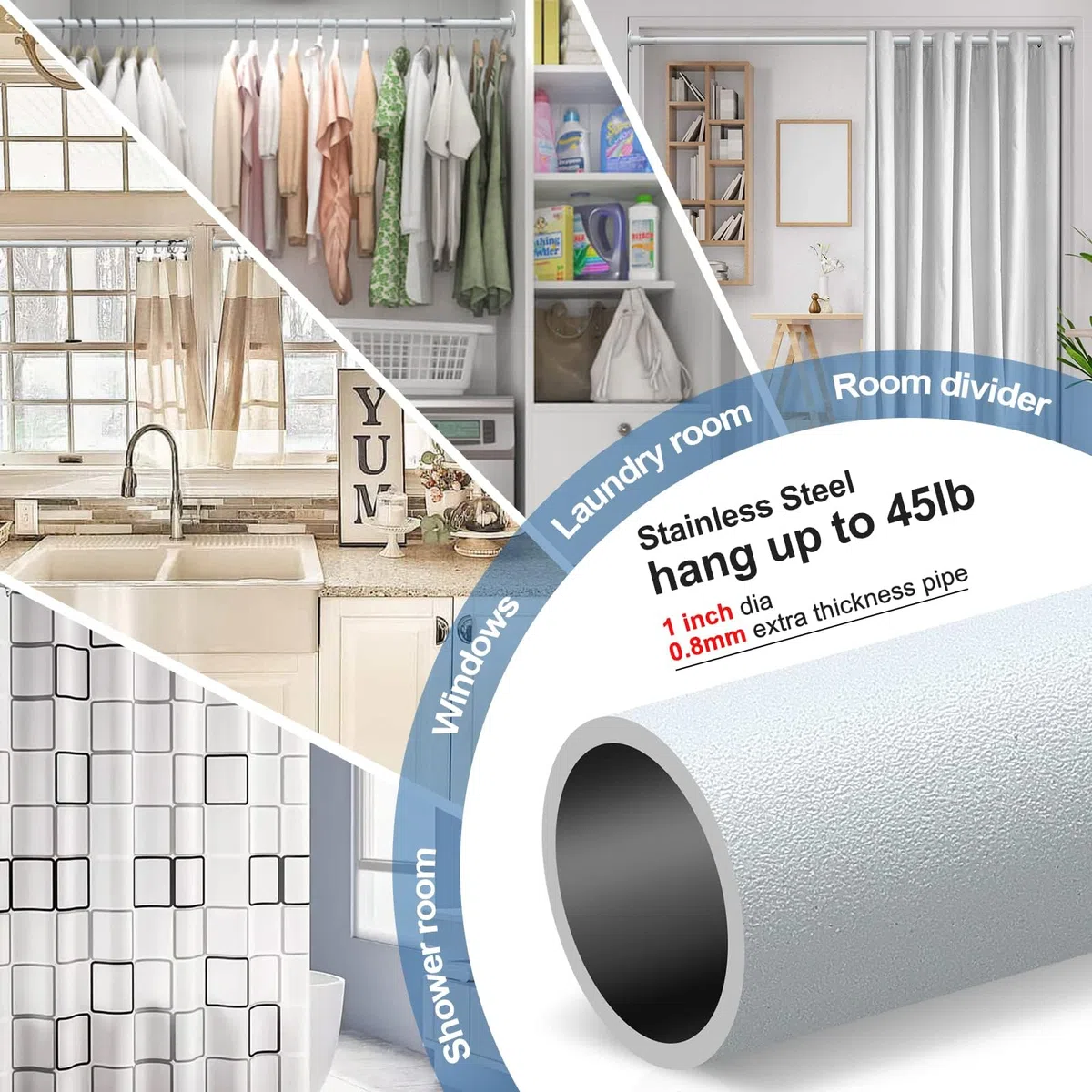 Bastone per tende 70-230 cm, Bastone per tende da doccia estraibile bianco opaco per bagno, finestra, guardaroba