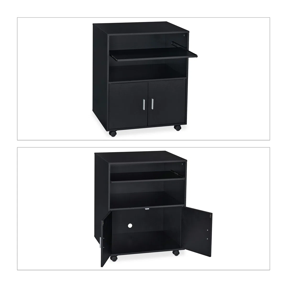 Relaxdays Carrello Porta Stampante da Ufficio, Tavolino a 2 Ripiani e Porta Tastiera, Mobile con Ruote, 74x60x48cm, Nero