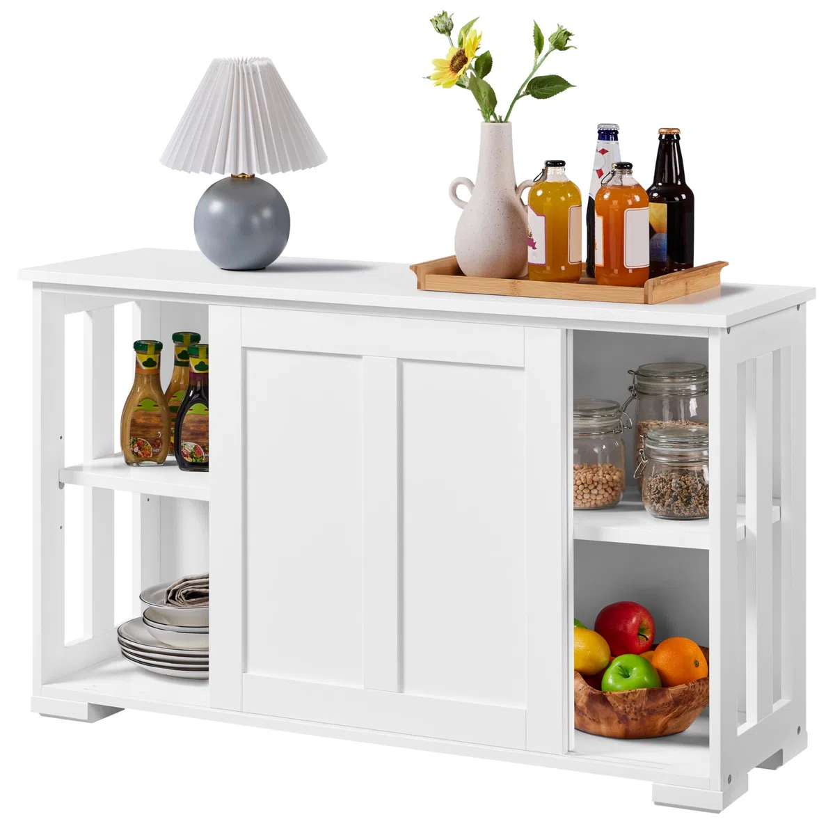 Yaheetech Credenza Mobile da Cucina Bianco con 2 Ante Scorrevoli Salvaspazio e Ripiano Regolabile in Legno Mobiletto TV da Salotto Soggiorno 106,7 x 33 x 63 cm