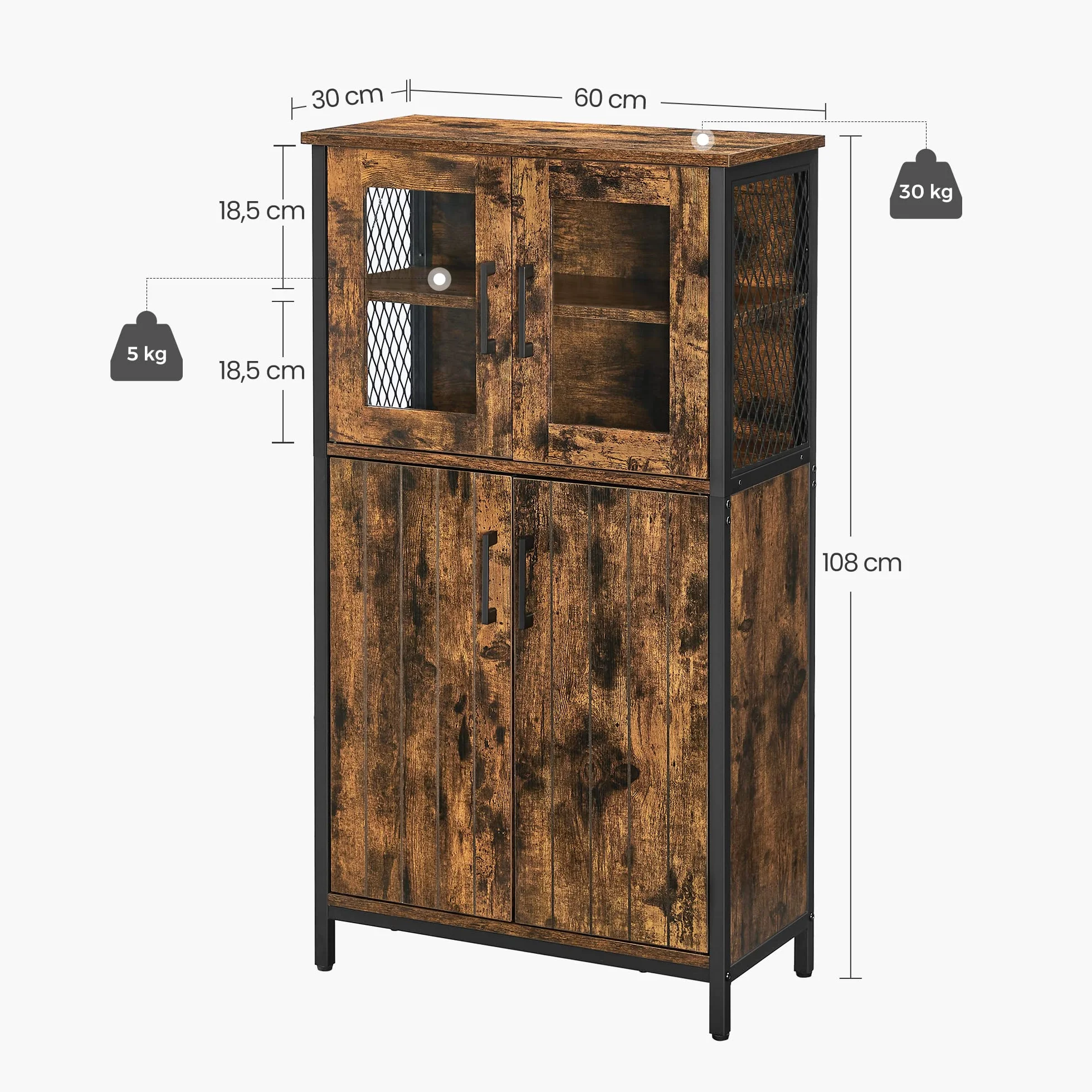 VASAGLE Mobiletto Multiuso, Armadietto, Credenza, Ripiano Regolabile, Mobile da Bagno, Struttura in Acciaio, per Salotto Cucina, Stile Industriale, Marrone Vintage e Nero LSC260B01