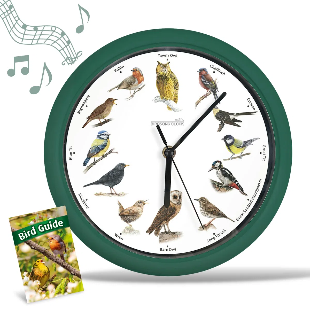 STARLYF Orologio da parete Birdsong Clock, Con suoni reali di 12 diversi uccelli, calendario del silenzio di notte, Ogni ora canta uno dei 12 uccelli canori locali, 25 cm di diametro